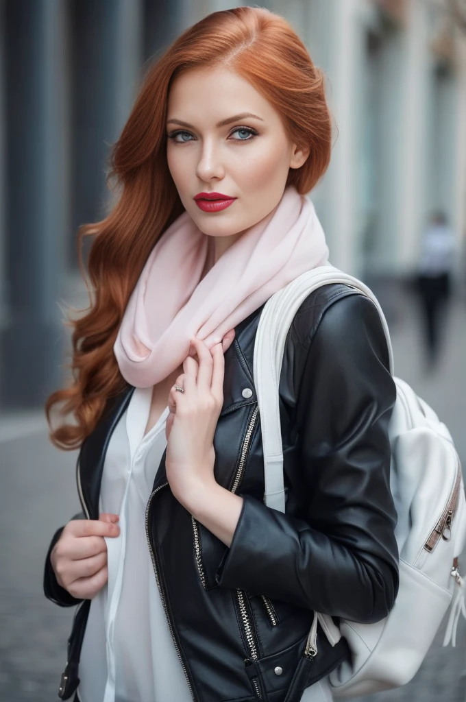 A close-up portrait of a gorgeous, beautiful, stunning russian woman wearing a trendy outfit: a black leather jacket, a white shirt, and a pastel pink scarf, she carries a white leather backpack too. A redhead woman from Russia, delicate red lips, pastel pink skin tone, soft flawless pale skin, soft make-up, red lipstick. Classy, elegant, stylish redhead woman, a majestic lady, dream beauty, ethereal beauty, delicate, sensitive, tender, lovely, romantic, kind, so femenine and strong, brave, pushing, spirited, lively, brisk determined woman. Elegant look, flowing and glowing layered wavy ginger hair. She's making a photo book, fall-winter season. smiling at camera, professional photograph, editorial photograph, modeling photograph, portrait photo of a russian model.