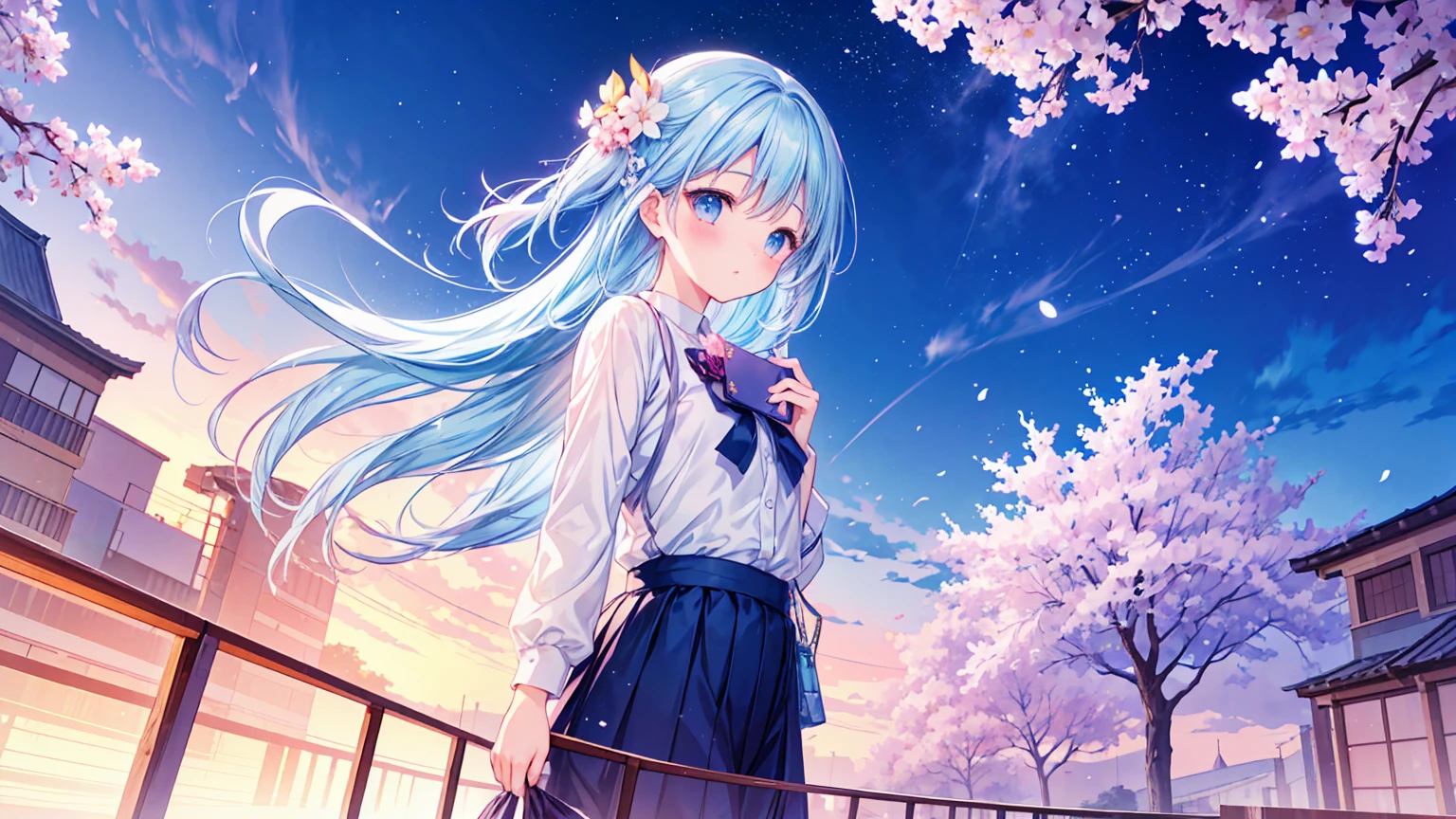 Masterpiece, best quality, extremely detailed, (illustration, official art: 1.1), 1 girl, ((light blue hair))), long hair, 10 years old, ((blush)), cute face, big eyes, masterpiece, best quality, ((a very delicate and beautiful girl)))), amazing, beautiful detailed eyes, blunt bangs (((little delicate girl)))), tareme (true beautiful: 1.2),(((look away,love letter))), small breasts,single girl, Anime scene of a woman standing on a balcony and looking at the city, anime movie, cherry blossom in full bloom, Gentle light, Night view,anime girllooking at the stars in the sky,Makoto Shinkai Cyril Rolando,your name movie style,Your name,Cosmos Sky。Written by Makoto Shinkai, Anime wallpapers 4 k, anime wallpaper 4k, Anime art wallpaper 8 K, Anime art wallpaper 4 K, anime art wallpaper 4k, Shinkai sincerely!, 4k anime wallpaper, panoramic centered view of girl, , Melancholic girl holding a love letter,、cinematic Film still from、