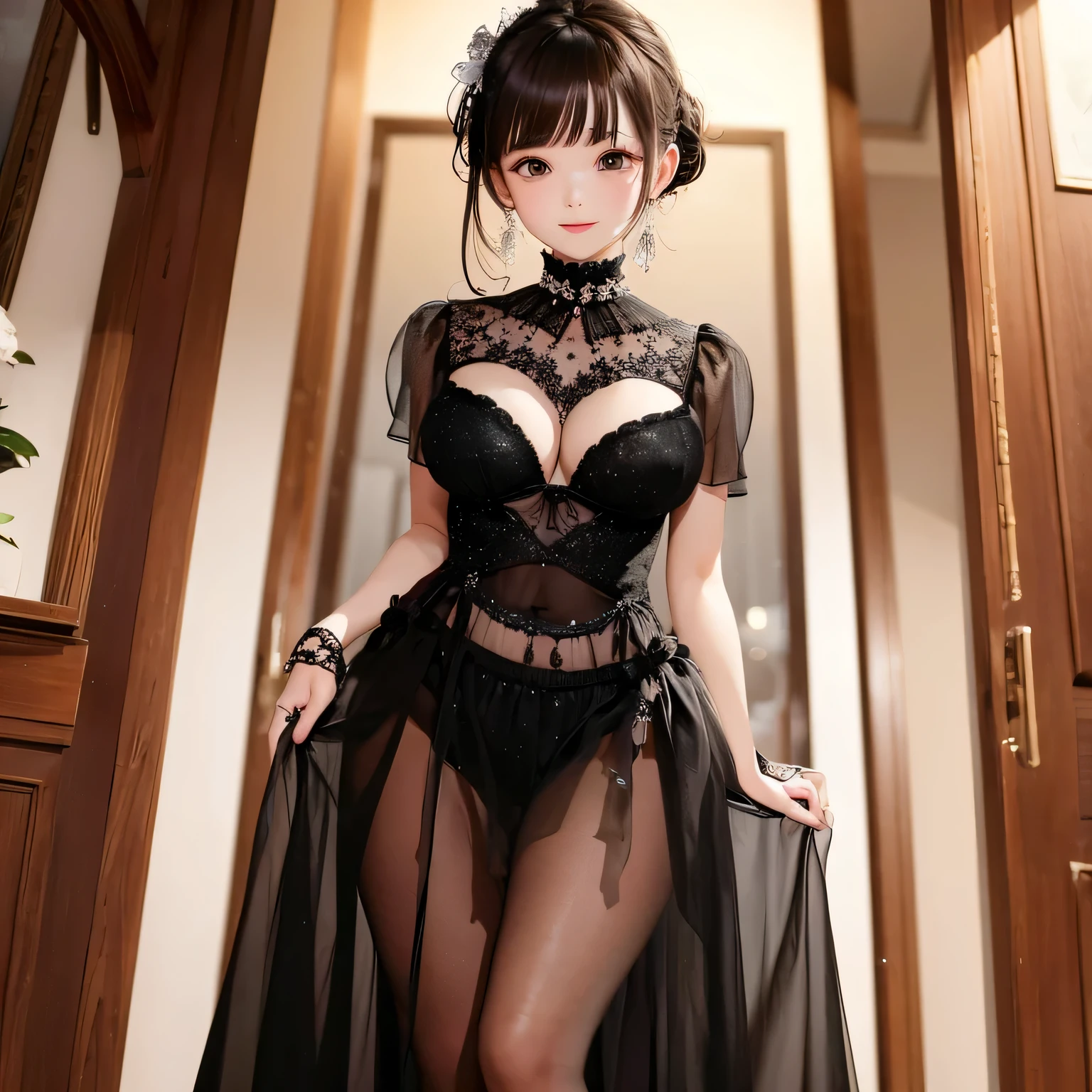 a woman in long sheer skirt, gr3ysh33r very sensual posing