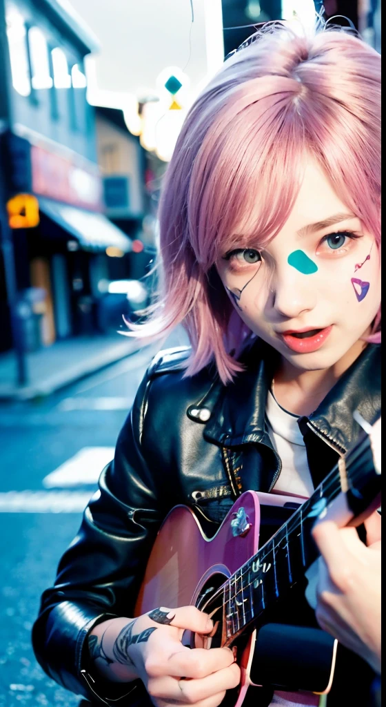 (table top), cute, (16 years old:1.4), alone, 1 female, (attractive punk girl), blue eyes,face、(laughter:1.5),playing the guitar, (front), (Leather jackets and tattoos), (band t-shirt), (ripped jeans), ((Alley background of city at night)), (close up shot), beautiful hands, both hands, normal hand, upper arm, full hand, beautiful body, beautiful fingers, normal fingers, five fingers, five fingers, (thumb index finger ring finger), beautiful ears, normal ear, beautiful eyes, shining eyes, beautiful mouth, beautiful lips,pink hairのミディアムヘア, (pink hair), Ear hair, , single blade, (single blade), (side blade)