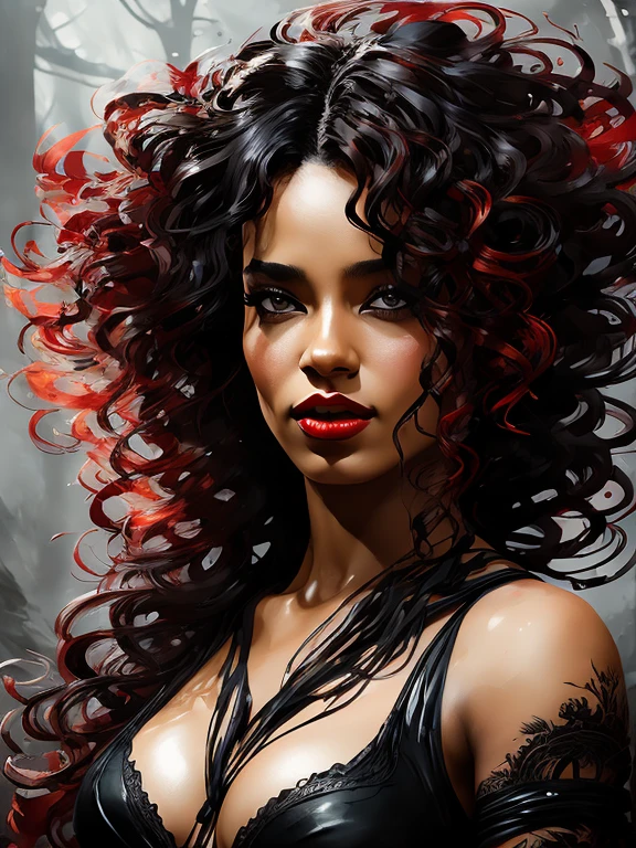 Victorian Hungarian black women Women of the 19th century, Hazel hair, Red lips, Nice feature, Wadim Kashin, James gurney, ink, Splash Art", Amazing beauty , Royo, after sexing, Super detailed splash art modern European ink painting