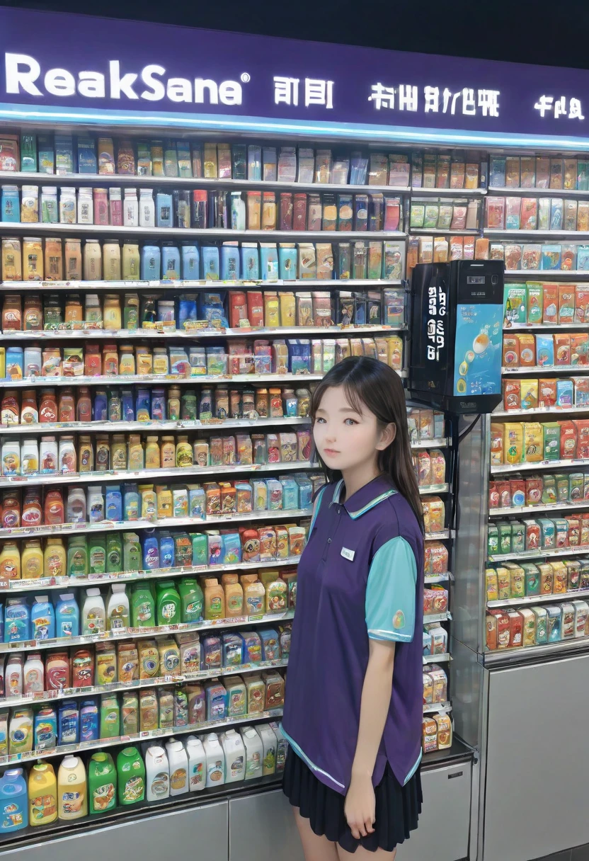 1girl, midnight convenience store, Family Mart, Neon Night page,vibrant city lights, dimly lit shelves full of snacks and drinks, a cashier with tired eyes, fluorescent lighting casting a soft glow, late-night customers browsing the aisles, flickering neon signs outside the store, a sense of mystery and solitude, a hazy atmosphere with a touch of nostalgia, cinematic and atmospheric, high-res details capturing the smallest nuances, a combination of realism and dream-like quality, urban aesthetic blending with a hint of surrealism, cool blue and purple tones, soft shadows and subtle highlights, an ambiance that evokes a sense of tranquility and possibility in the midst of the night.