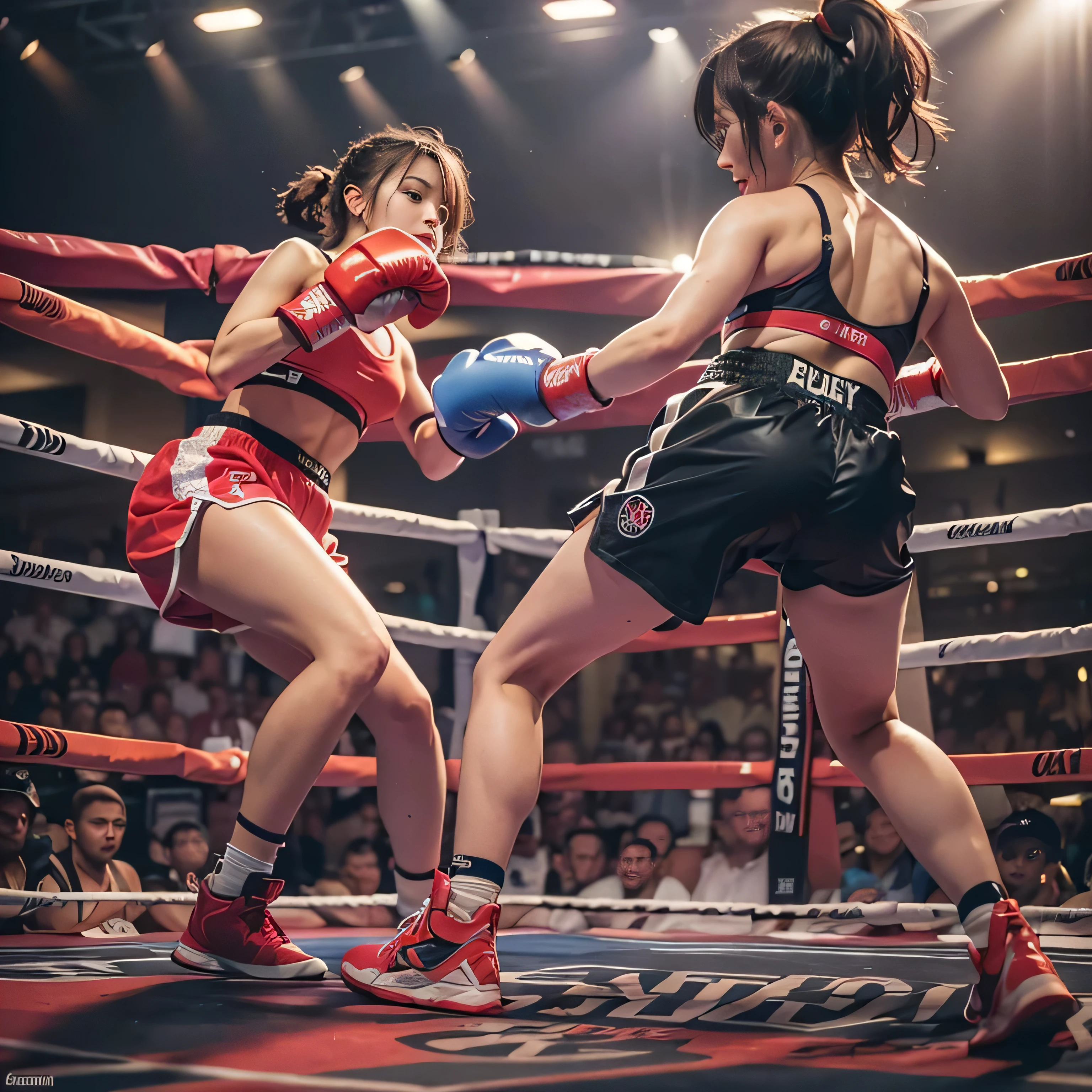 RAW image quality, 8K resolution, Ultra-detailed CG quality, (High resolution, highest quality, table top:1.4), 2 girls, (16 year old female :1.3), sparkling skin, narrow waist, Large chest teeth above the skin, (A woman wearing a sports bra and boxing shorts:1.3), boxing gloves, boxing match, (A powerful punch cuts the face)、fist fight、short shorts, sweat a lot, (in the boxing ring:1.2), (Her panties are visible under her shorts:1.2), tight clothes, pubic hair, angry look, blush, Large audience background,