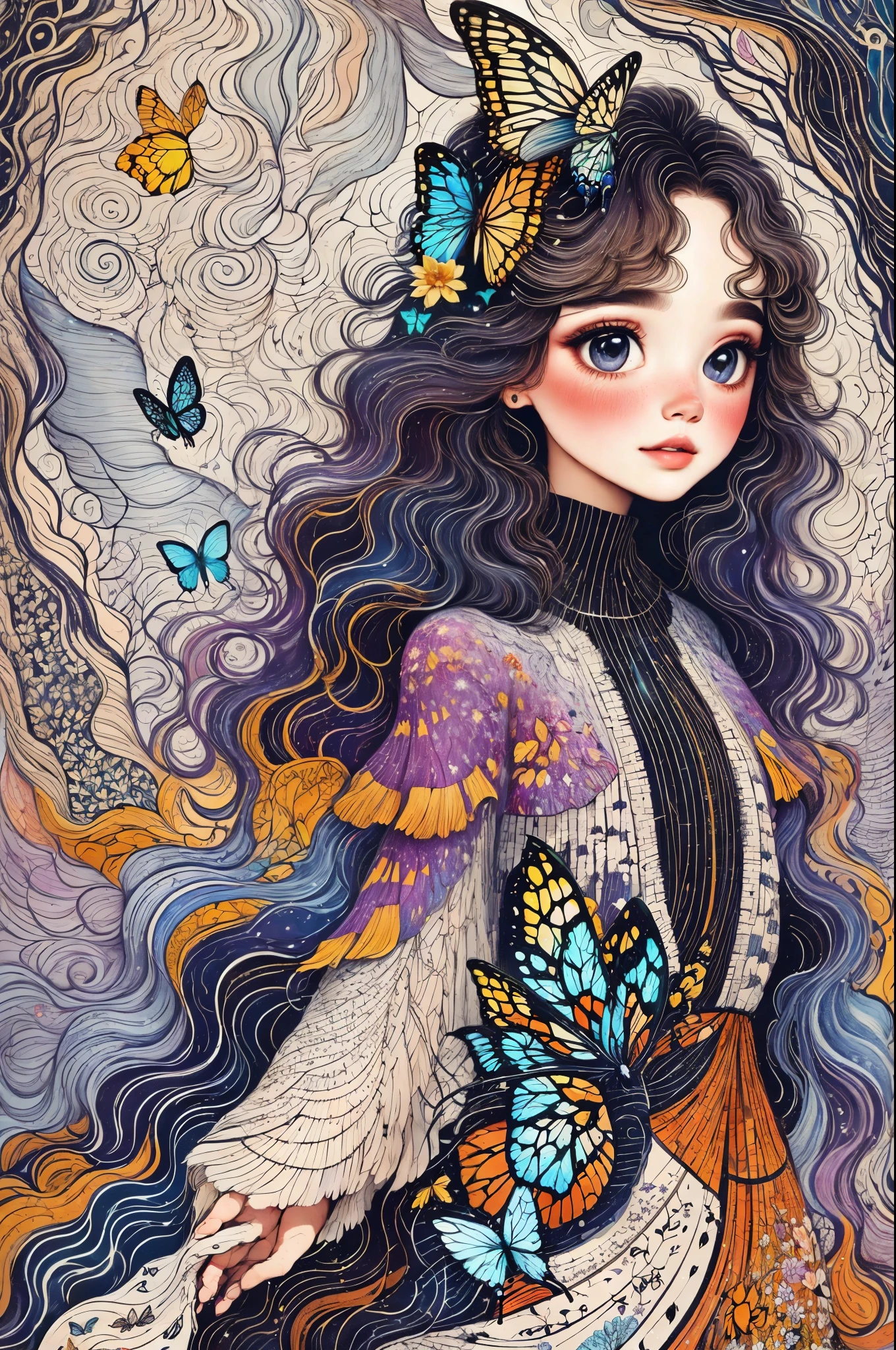 The landscape is filled with paths composed of various flowers,represents your journey. This is a quiet grove, Magical beautiful delicate butterfly, Things of all sizes are flying around it . The color choice of the cover exudes an aura of sobriety, brightness, Connection with nature,Dusk begins in the background, There is a mysterious and charming atmosphere. There is a long-haired beauty in the woods, delicate face, And very beautiful. The woman is at the center of the image,Size is smaller than landscape size,There are many butterflies representing transformation next to it.