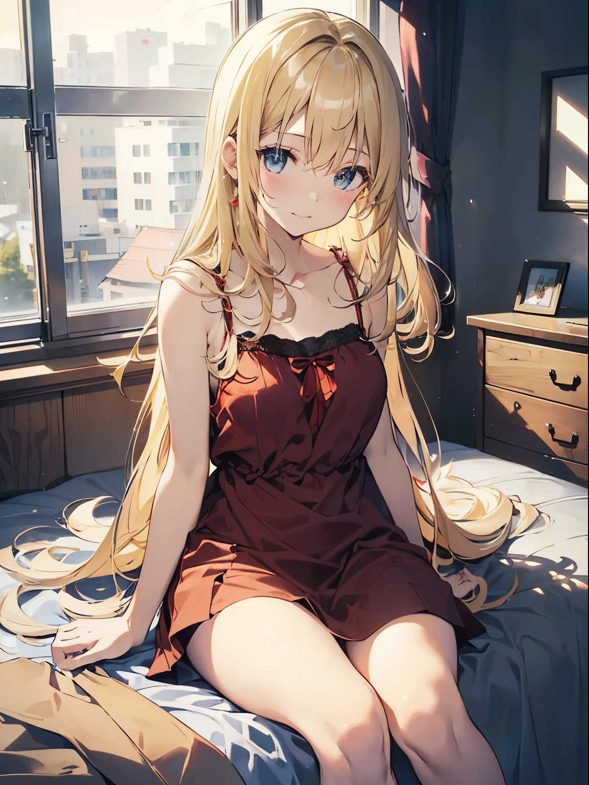 kid blond hair ,blue eyes,black dress , black stockings,she lie in bed,