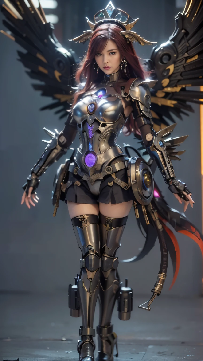 (top-quality:1.2, masterpiece)、ultra high resolution、extremely ultra surrealism, (Photorealsitic:1.4)、Raw photo、(Steampunk Battle Cyborg fallen angel)、large wings made of metal、black porcelain body、red  hair、glowy skin、1 Cyborg girl、(mechanical frame:1.3)japanese, extremely cute face,  ((super realistic details))、portrait、globalillumination、Shadow、octan render、8K、ultrasharp、character edge light、Details of complex ornaments、Acrylic Clear Cover、Sumerian details、Hydraulic cylinder、Small LED lamp、highly intricate detail、Realistic light、a purple eye、radiant eyes、Facing the camera、neon details、cowboy  shot、Futuristic headgear、About Cyberpunk