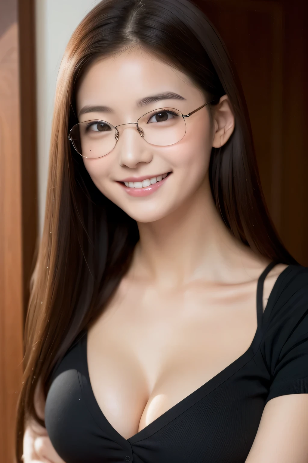 infp young woman、huge tit、 natsuKing3172、a smile、brown haired、Breast cleavage、Black shirt、dual、Eyes are patchy、The nose clear、Sexy、eye glass、OL