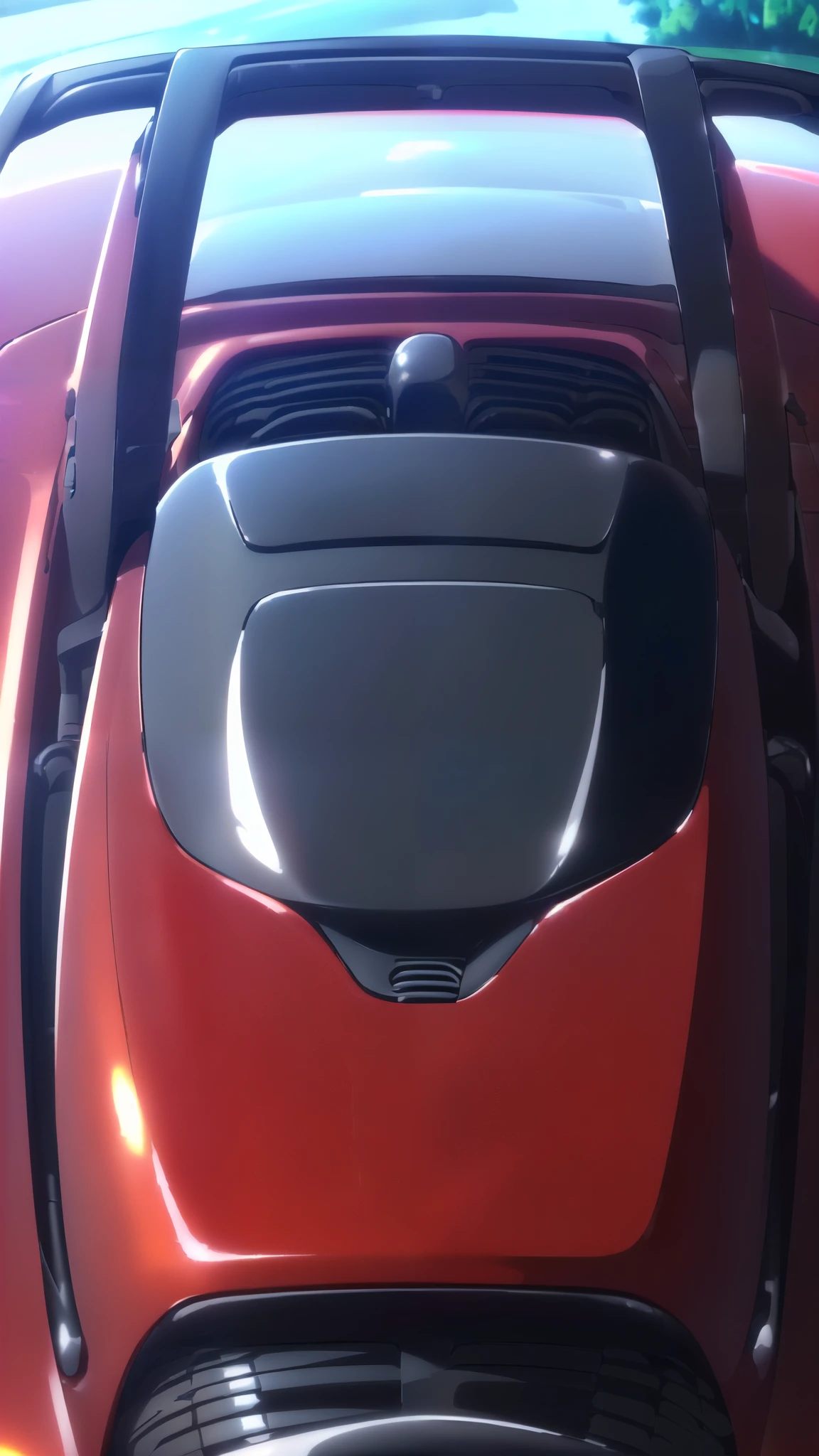 ((lowered car, Best Quality, High resolution, extremely detailed 8K, Beautiful red car with sleek design, Ultra HD, Ultra-detailed, realistic mirror reflection: 1.3, shiny car body: 1.2,Carro rebaixado, close up view, front camera work, sunny day, beautiful landscape in the background, thick outline, Beautiful outlines, black shadows), (best quality:1.5, highres, UHD, 4K, realistic lighting, shadow effects, detailed engine parts visible, lowered suspension, shiny paint, refined curves, extremely close up shot: 1.5), (sleek red body, glossy finish, lowered