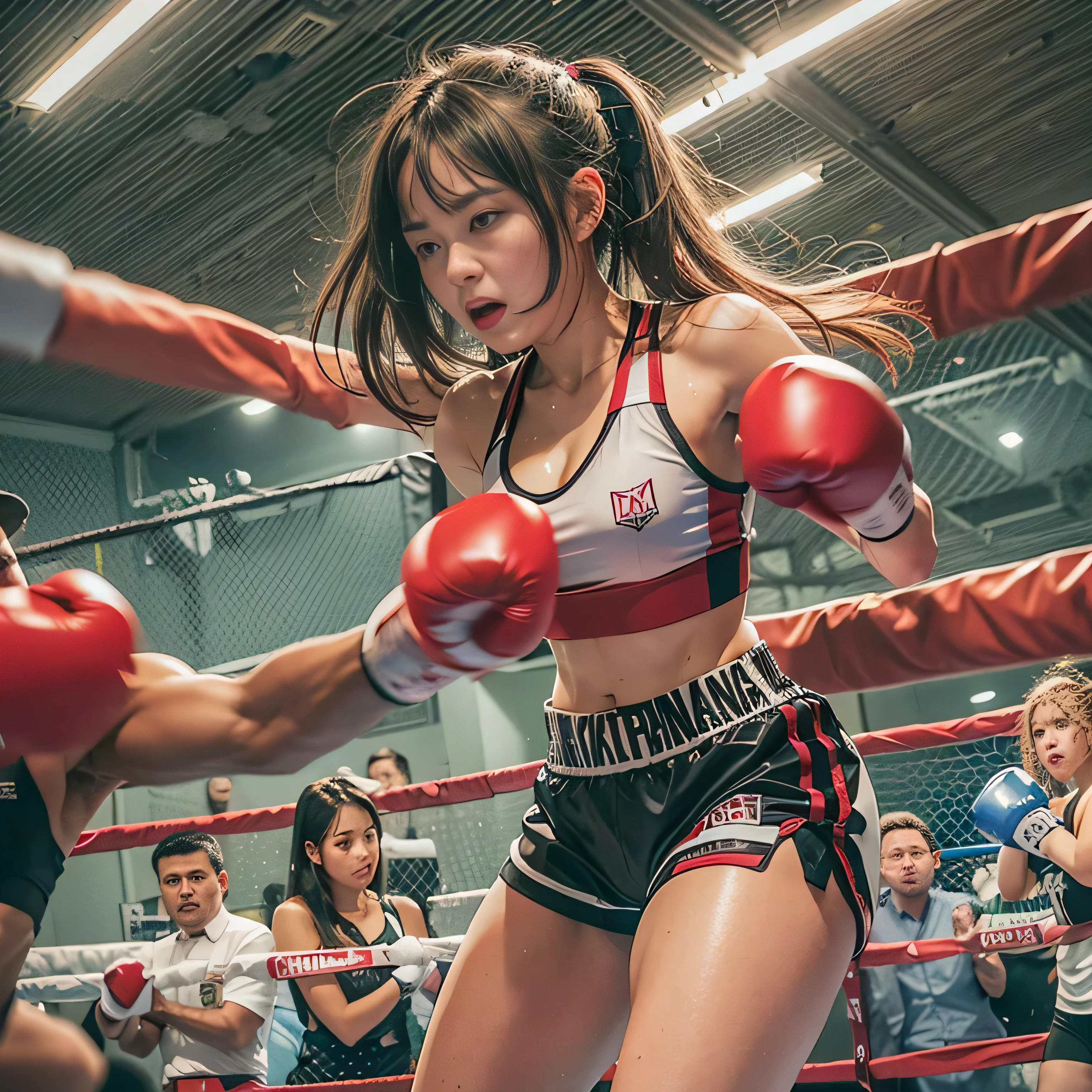 RAW image quality, 8K resolution, Ultra-detailed CG quality, (High resolution, highest quality, table top:1.4), 2 girls, (16 year old female :1.3), sparkling skin, narrow waist, Large chest teeth above the skin, (A woman wearing a sports bra and boxing shorts:1.3), boxing gloves, boxing match, (A powerful punch cuts the face)、fist fight、short shorts, sweat a lot, (in the boxing ring:1.2), (Her panties are visible under her shorts:1.2), tight clothes, pubic hair, angry look, blush, Large audience background,
