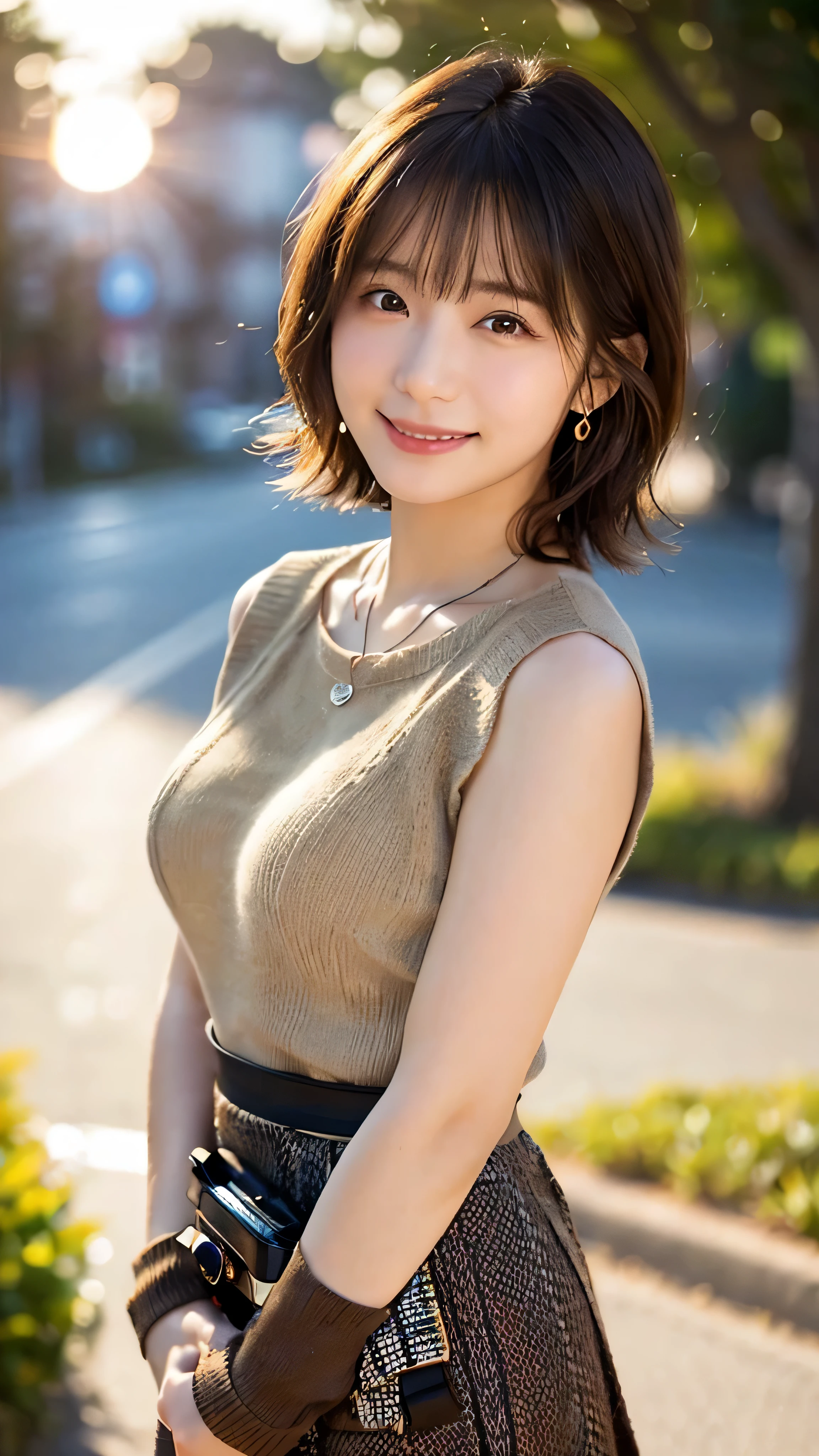 (highest quality,masterpiece:1.3,ultra high resolution),(Super detailed,caustics,8K),(realistic:1.4,RAW shooting),18-year-old,cute,Japanese,Short brown hair with outward curls,(Beige summer knitwear),(smile),look up at the camera、(Short brown skirt),blue sky,sun,Backlight,(coastline),(sunset、sunset:1.1),,(Photographed from the waist up),(face focus),(close up face),(High Situation:1.3),(high angle:1.3),Natural light 、Embarrassed smile、parted bangs、big breasts、With small earrings、silver necklace、((big breasts))、Embarrassed smile、((Camera angle is diagonal:1.2))