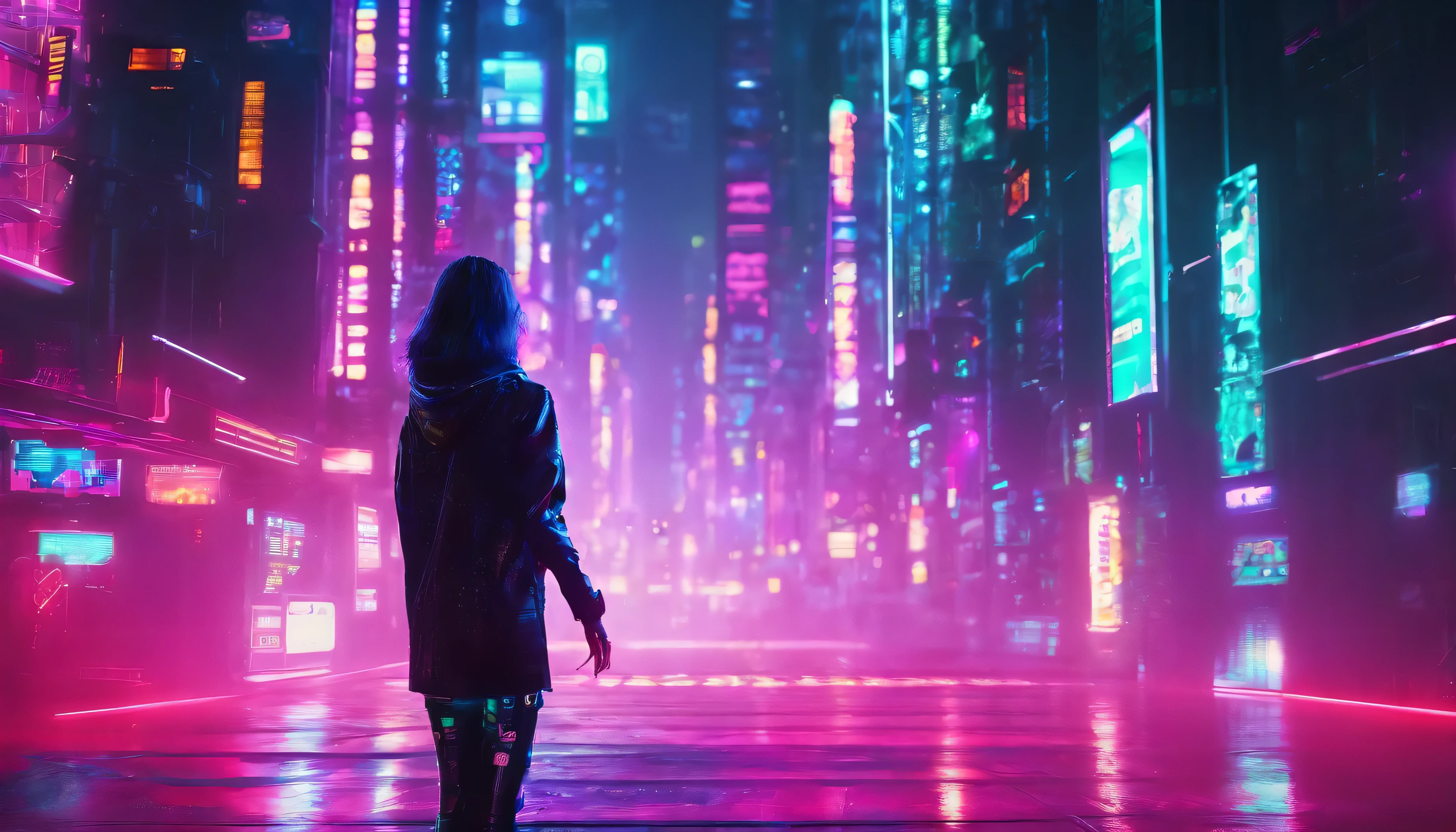 Matrix-style downtown、back view of woman、it's raining、Highest image quality