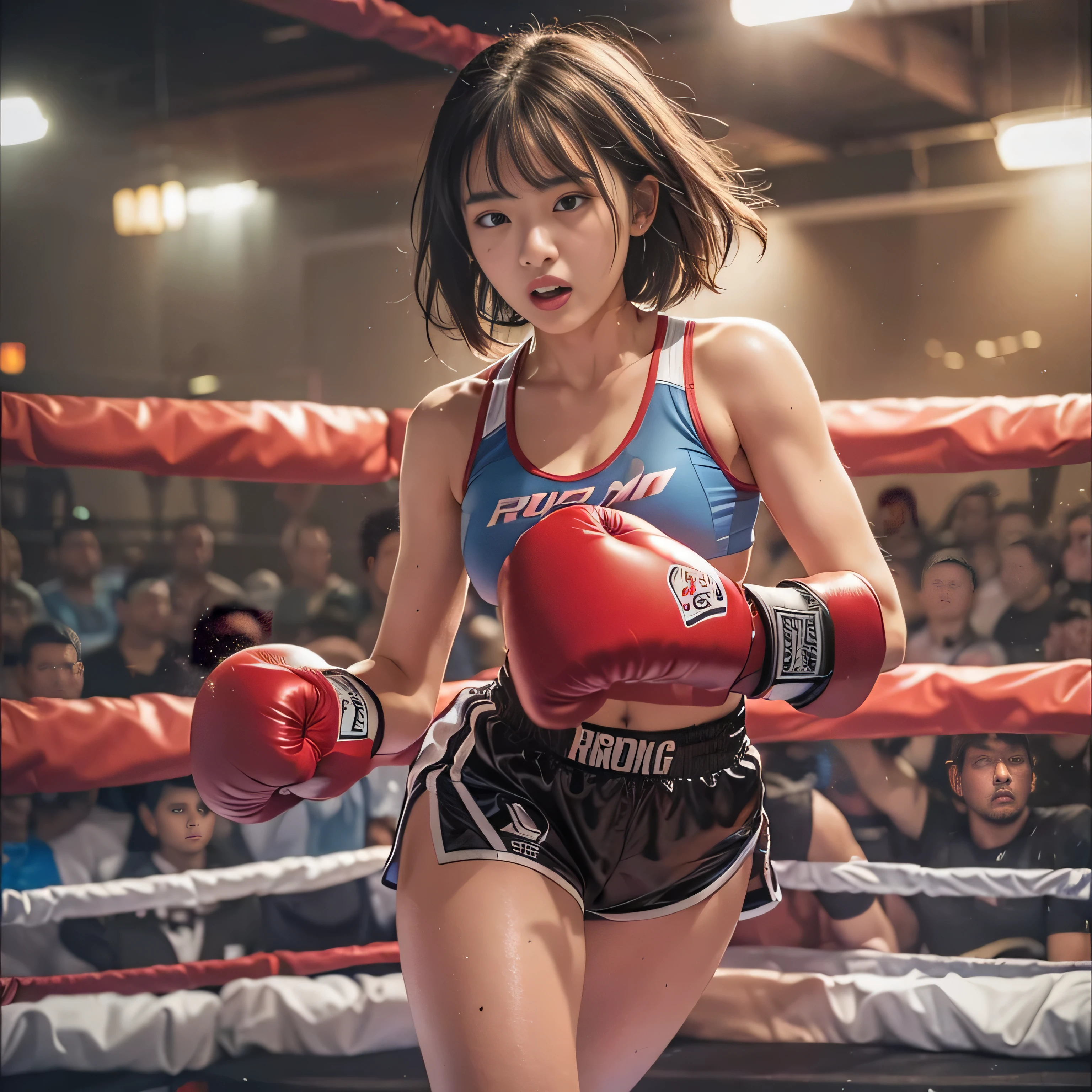 RAW image quality, 8K resolution, Ultra-detailed CG quality, (High resolution, highest quality, table top:1.4), 2 girls, ( female :1.3), sparkling skin, narrow waist, Large chest teeth above the skin, (A woman wearing a sports bra and boxing shorts:1.3), boxing gloves, boxing match, (A powerful punch cuts the face)、fist fight、short shorts, sweat a lot, (in the boxing ring:1.2), (Her panties are visible under her shorts:1.2), tight clothes, pubic hair, angry look, blush, Large audience background,