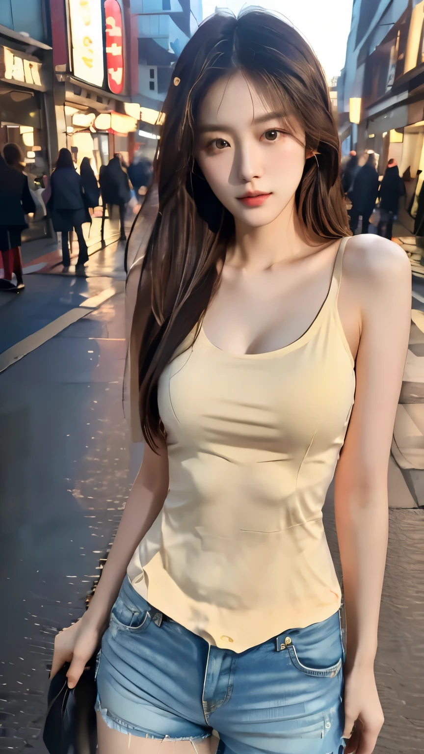 (8k, RAW photos, best quality, masterpiece), (realistic, photograph realistic), masterpiece, best quality, High detail, Best image quality, super detailed, high resolution, Very detailed, Best quality, Extreme detail description, hyperdetailed painting, An extremely delicate and beautiful work, Beautiful detailed girl, hazy beauty, very detailed facial, delicate face, detailed skin structure, fair skin, perfect anatomy, perfect body, Beautiful detailed whole body, exquisite body, fine collar bone, lovely lips, Behind the softness, adorable, ((slim waist)), ((big breasts)), ((cleavage)), big breasts beautiful, big breasts enchanting, (Beautiful detailed eyes, seductive look, soulful eyes, reality eyes, beautiful and clear eyes, dark color hair, layered hair, ((smile:1.2)), Enchanted expression, (Enchanted pose:1.3), An extremely detailed and elegant staff outfit, collared yellow shirt, Tight yellow shirt, Formal black skirt, head gear, highly detailed, delicate necklace, Delicate earrings, Simple blurred background, ((Large street)), ((view over city)), Lighting that emphasizes beautiful skin, physically-based rendering, ((the body from the thighs up)), looking at viewer