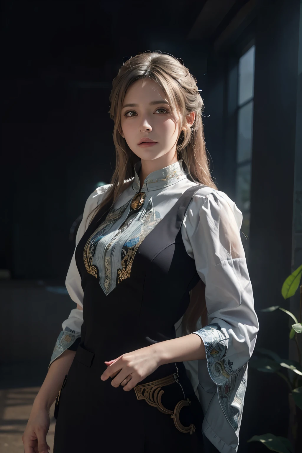 Hyperrealist portrait of female by david hockney and alphonse mucha,fantasy art, photo realistic, dynamic lighting, artstation, poster, volumetric lighting, very detailed faces, 4 k, award winning,, 1girl, in the dark, deep shadow, low key,cowboy shot,(official clothing:1.4) ,long hair,white hair,