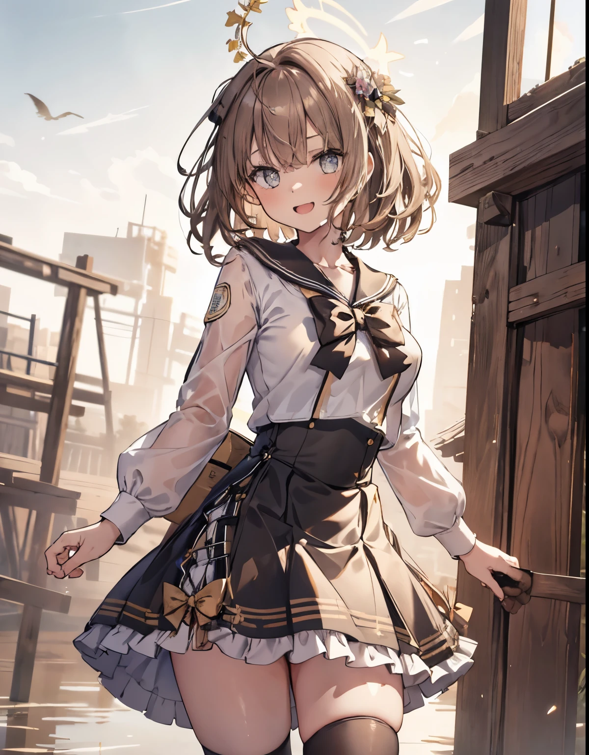 masterpiece, 1girl, sparrow, a brown haired girl, wearing a sailor clothes, curly medium hair, messy hair, slim body, he close her left eye, shirt ornament, (golden eyes:0.8), ahoge, baby face, huge breast, beautiful breasts, rounded breasts, long sleeves, beautiful eyes, white stocking, droopy eyes, skirt, black skirt, plaid skirt, her age is 19 years old, ricefield, bowtie, sailor collar, flared skirt, tight shirt, skirt, azusadress, seductive smile, seductive open mouth,