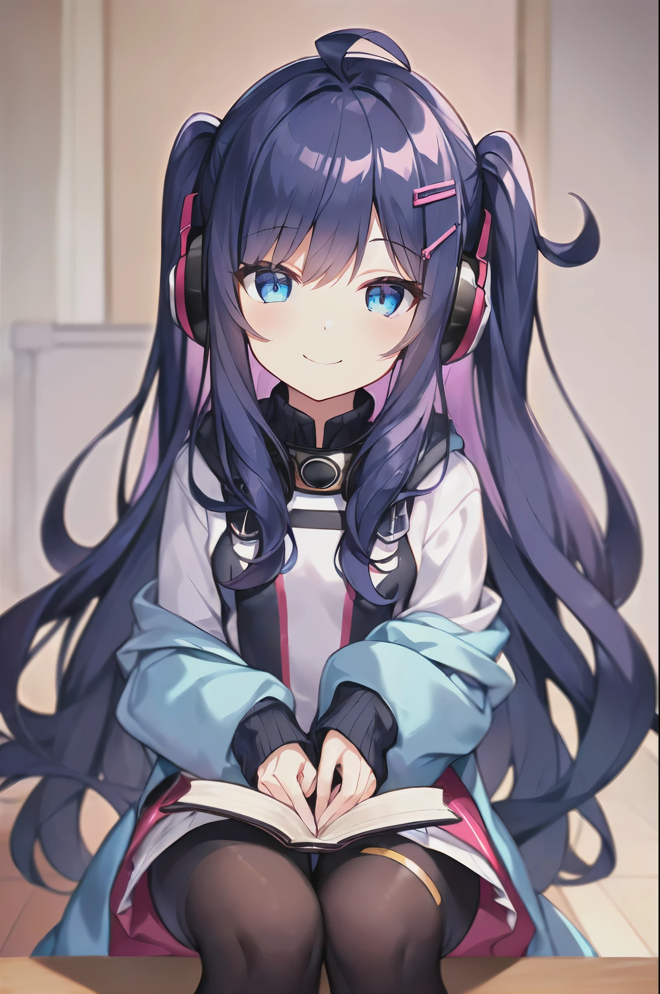(((masterpiece))) (((highest quality))), (((beautiful))), (((8K))), (((High resolution))), (1 girl:1.3), (child:1.5), (:1.4), (Dark blue straight long hair:1.3), (very long, Dark blue sideburns), (Very wide parted dark blue bangs:1.3), (Simple hair clip:1.4), (Ahoge:1.4), (small blue eyes:1.2), (Slightly droopy eyes:1.3), (Super thick sideburns and super long sideburns:1.1), (Ultra-flat chest:1.4), (extremely small breasts:1.4), (smiling:1.3), (sitting in a chair), listen to music, (red headphones:1.2), black hoodie, inside the room, (Stand, coffee cup and book on the table:1.4), (flower pot:1.3), (looking away:1.3), (rest one's chin on one's chin:1.4)