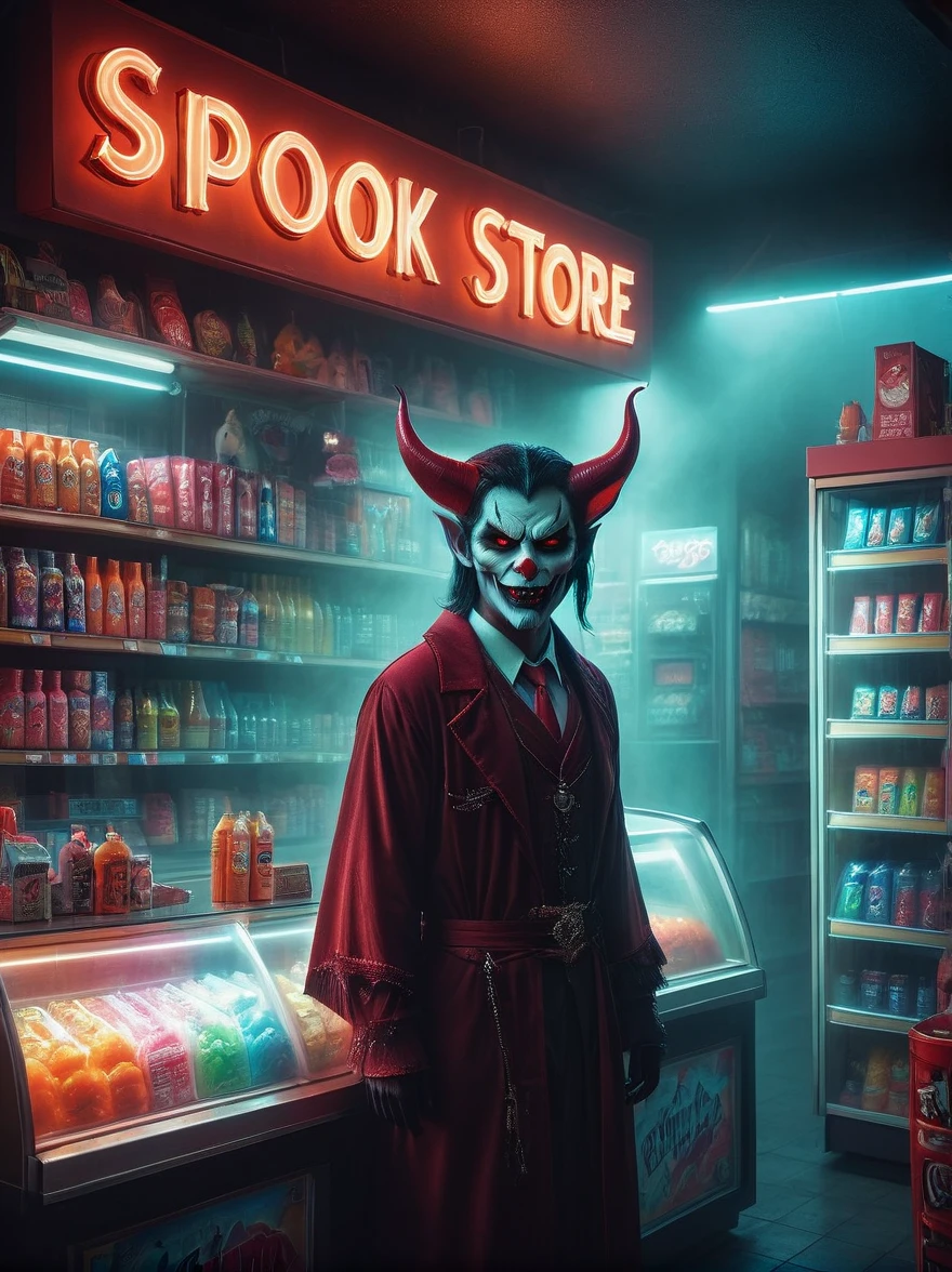 (1Cute Devil Clerk)，(Spooky midnight convenience store:1.6)，Arrange the goods，Thick fog pervades，Neon lights，Detailed convenience store interior，Mood lighting，Gloomy tones，dramatic shadows，Demon traits，Long claws，fangs，glowing eyes，shabby clothes，Stand behind the counter，dark fantasy，fear，highest quality，8k，high resolution，(master level:1.2)，Super details，Realistic，(Photorealism:1.3)