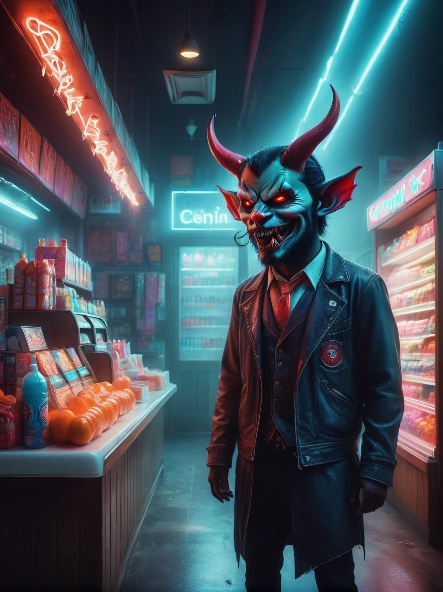 (1Cute Devil Clerk)，(Spooky midnight convenience store:1.6)，Arrange the goods，Thick fog pervades，Neon lights，Detailed convenience store interior，Mood lighting，Gloomy tones，dramatic shadows，Demon traits，Long claws，fangs，glowing eyes，shabby clothes，Stand behind the counter，dark fantasy，fear，highest quality，8k，high resolution，(master level:1.2)，Super details，Realistic，(Photorealism:1.3)