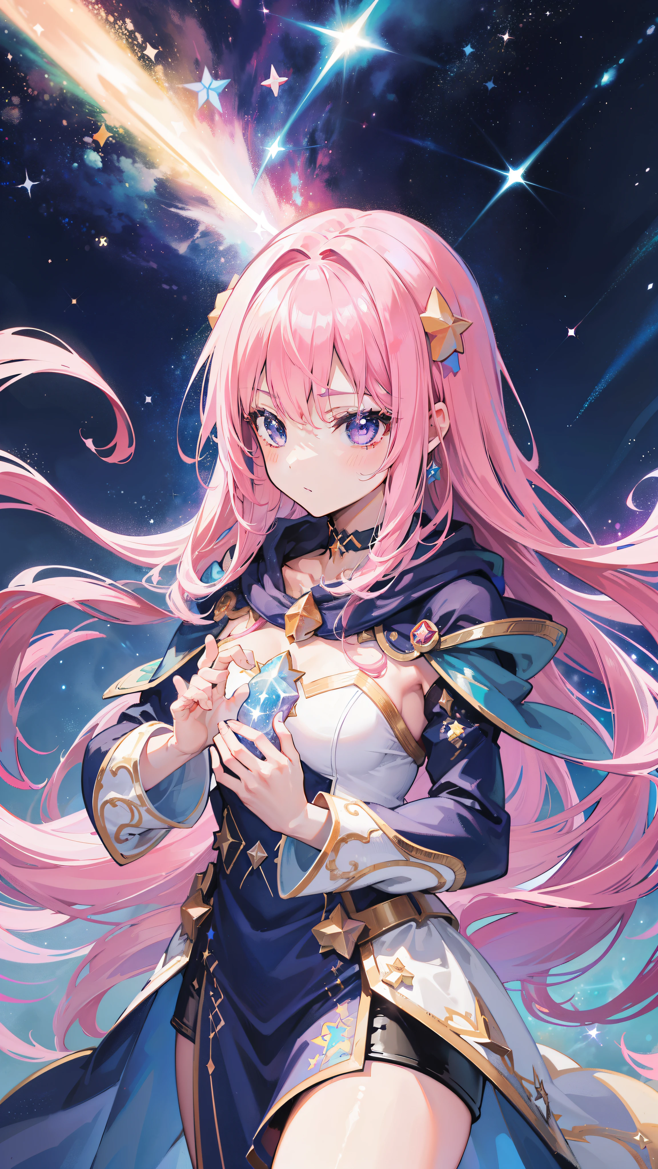 1girl, star mage with pink hair named Maria Chiquinha, (zoomed in: 1.3), (cosmic comets: 1.5), gazing up at the night sky in deep concentration, long flowing robes, intricately designed star emblems, wand in hand, aura of magical starlight surrounding her, best quality, masterpiece, starry background with twinkling cosmic comets, swirling galaxies, bright constellations, high-resolution vivid illustration, realistic details, motion blur effect on her long hair, HDR effect, ultra-detailed features.