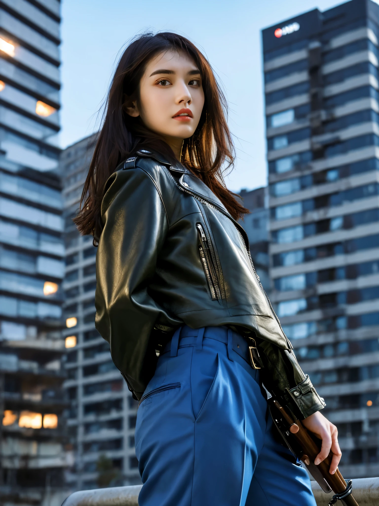 an asian beautiful girl, wearing a black leather jacket, army blue trousers, long hair, holding a long red laser rifle, standing on the top of a building stalking her enemy,inspired by Adam Dario Keel, maxim sukharev, attractive and beautiful, Inspired by Ludovit Fula, full body photo shot, maxim shirkov, full body photo shot - full , azimov, Sebastian Luca, profile photo, beautiful woman, attractive beautiful face, Photo of beautiful young girl, beautiful girl face