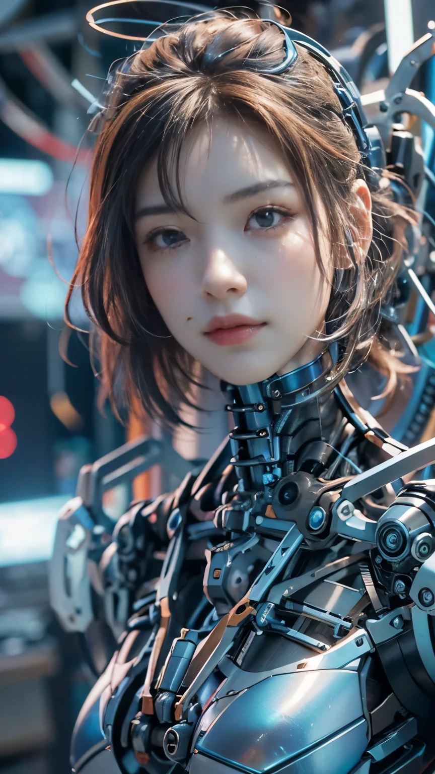 (best quality:1.2), 8k, highres, octan render, (masterpiece), extremely ultra detail, cyborgized Japanese woman, extremely ultra cute face, , skinny body, flat chest, (blue metallic mechanical frame:1.5), (Power cables connected throughout the body), detaile up, Instead of hair, there are cables growing out of it, mechanical fusion, mechanical skeleton, bio mechanics, mechanical life-form, highly intricate detail, extremely ultra real texture, human-like skin, realistic hair, ultra realistic details, professional lighting, (realistic:1.4), (RAW photo:1.2), (photorealistic:1.5)