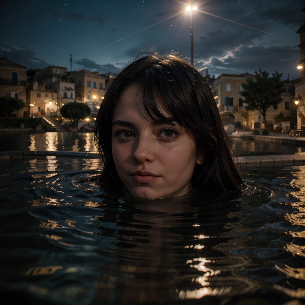 a giant eye emerges from the waters of a lake in town of Matera, (sassi_di_matera). reflection in the water is a real sight. The eye emerges from the waters during a starry night, high quality, realistic lighting, center of the picture, (a giant eye is reflected on the water), clear and quiet water surface, starry sky, sassi_di_matera in background, (the eye is perfectly reflected on the water), (perfect reflections)