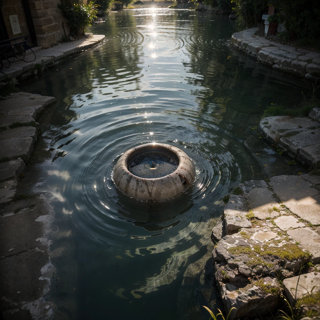 a giant eye emerges from the waters of a lake in town of Matera, (sassi_di_matera). reflection in the water is a real sight. The eye emerges from the waters during a starry night, high quality, realistic lighting, center of the picture, (a giant eye is reflected on the water), clear and quiet water surface, starry sky, sassi_di_matera in background, (the eye is perfectly reflected on the water), (perfect reflections)