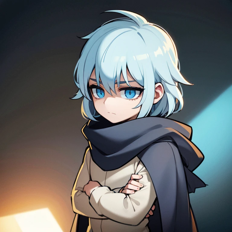 boy, with hair below the shoulders, Hair light blue, The eyes are blue, sad face, beige sweater, black scarf, black trousers, plain background