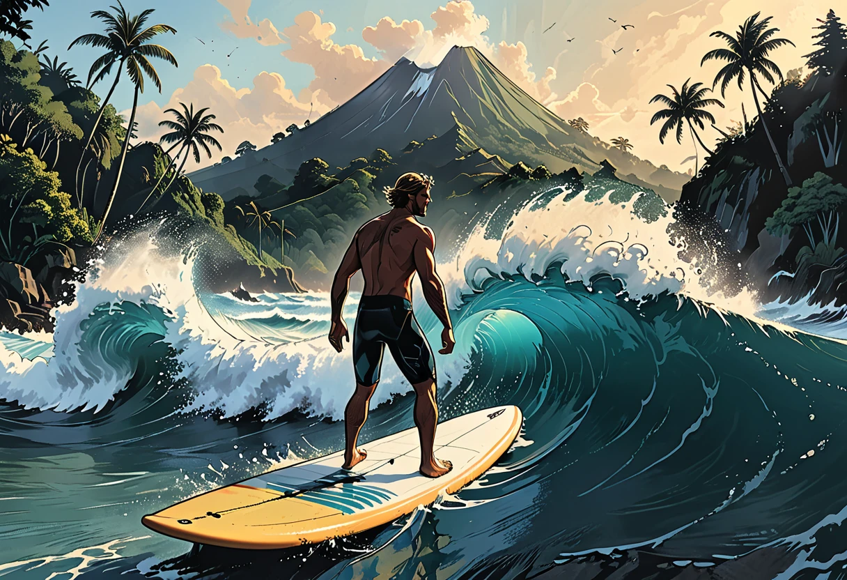 ocean and big waves where the outline of a surfer is slightly visible, the seething water catches up and throws him up, a dormant volcano and a tropical forest can be seen in the background, graphic style of novel comics, perfect hands, 2d,
outline of a man on a surfboard conquers the wave,
8k, hyperrealism, masterpiece, high resolution, best quality, ultra-detailed, super realistic, Hyperrealistic art, high-quality, ultra high res, highest detailed, lot of details, Extremely high-resolution details, incredibly lifelike, colourful, soft cinematic light,