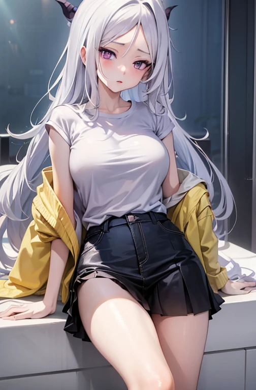 1Girl, hina sorasaki, white hair, purple eyes, forehead, narrow waist, sexy, skinny, cute, pussy, t-shirt