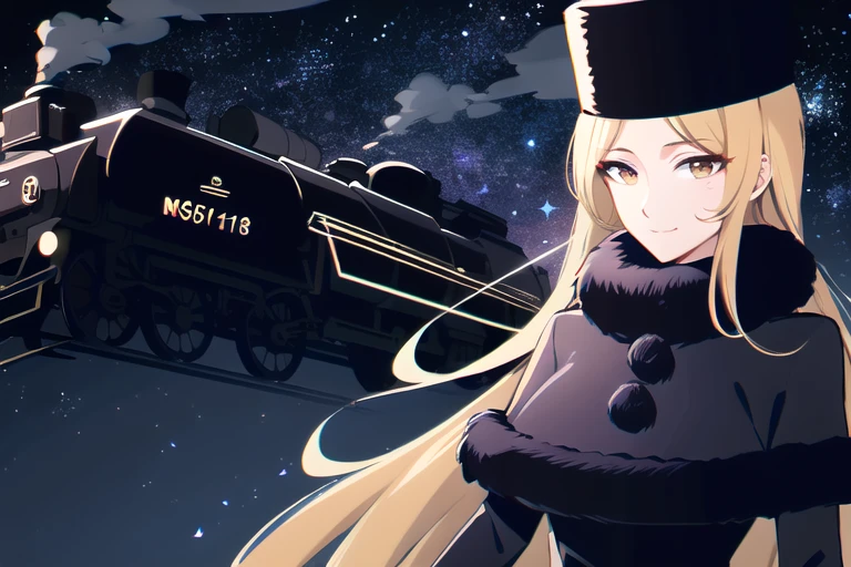 8K,(masterpiece:1.4)(highest quality:1.4),(highest quality), 1 girl,Maetal, long hair, blonde hair, yellow eyes,fur trim, black hat,fur has,Steam locomotive station, outdoor, Galaxy of the Night, looking at the viewer, focus only,(shiny skin), ,