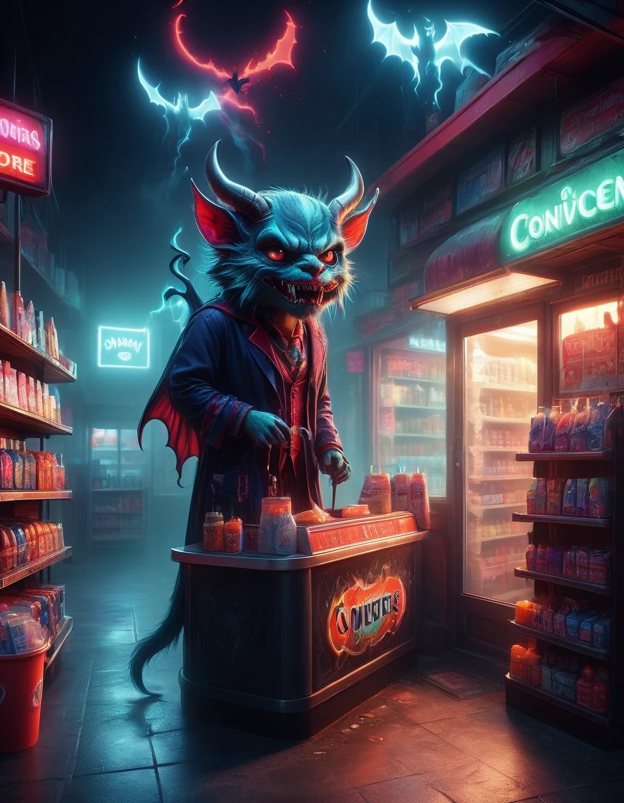 (1Cute Devil Clerk),(Spooky midnight convenience store:1.6),Arrange the goods,Thick fog pervades,Neon lights,Detailed convenience store interior,Mood lighting,Gloomy tones,dramatic shadows,Demon traits,Long claws,fangs,glowing eyes,shabby clothes,Stand behind the counter,dark fantasy,fear,highest quality,8k,high resolution,(master level:1.2),Super details,Realistic,(Photorealism:1.3)