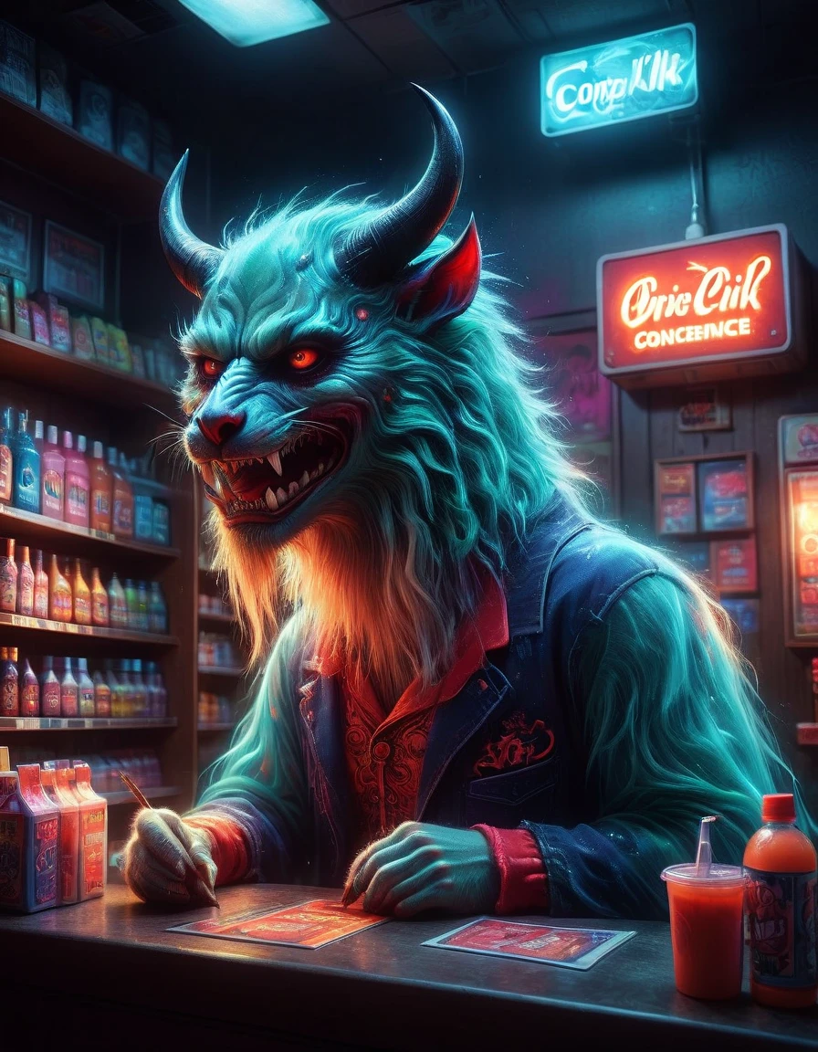(1Cute Devil Clerk),(Spooky midnight convenience store:1.6),Arrange the goods,Thick fog pervades,Neon lights,Detailed convenience store interior,Mood lighting,Gloomy tones,dramatic shadows,Demon traits,Long claws,fangs,glowing eyes,shabby clothes,Stand behind the counter,dark fantasy,fear,highest quality,8k,high resolution,(master level:1.2),Super details,Realistic,(Photorealism:1.3)
