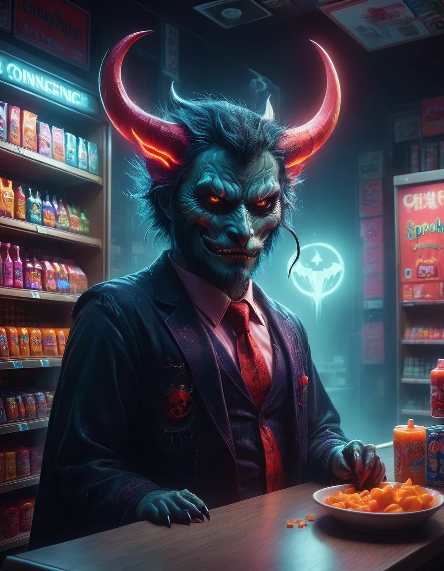 (1Cute Devil Clerk),(Spooky midnight convenience store:1.6),Arrange the goods,Thick fog pervades,Neon lights,Detailed convenience store interior,Mood lighting,Gloomy tones,dramatic shadows,Demon traits,Long claws,fangs,glowing eyes,shabby clothes,Stand behind the counter,dark fantasy,fear,highest quality,8k,high resolution,(master level:1.2),Super details,Realistic,(Photorealism:1.3)