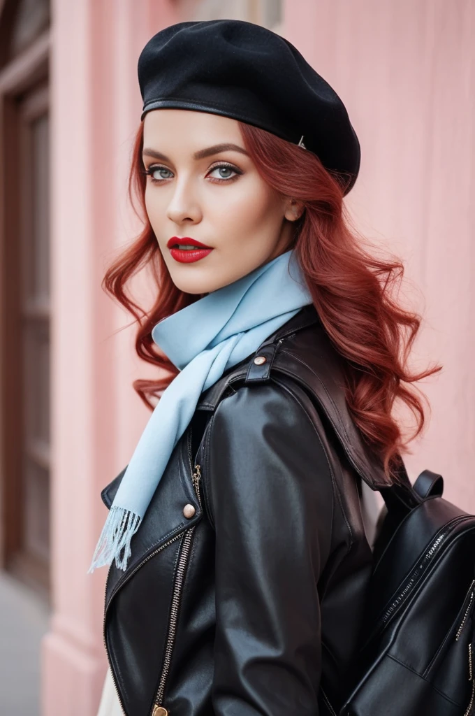 A close-up portrait of a gorgeous, beautiful, stunning russian woman wearing a trendy outfit: a black leather jacket, a white shirt, a black beret, and a light blue scarf, she carries a black leather backpack too. A redhead woman from Russia, delicate red lips, pastel pink skin tone, soft flawless pale skin, soft make-up, scarlet red lipstick. Classy, elegant, stylish redhead woman, a majestic lady, dream beauty, ethereal beauty, delicate, sensitive, tender, lovely, romantic, kind, so femenine and strong, brave, pushing, spirited, lively, brisk determined woman. Elegant look, flowing and glowing layered wavy ginger hair .She's making a photo book, fall-winter season, she's turning back to look at the camera, professional photograph, editorial photograph, modeling photograph, portrait photo of a russian model.