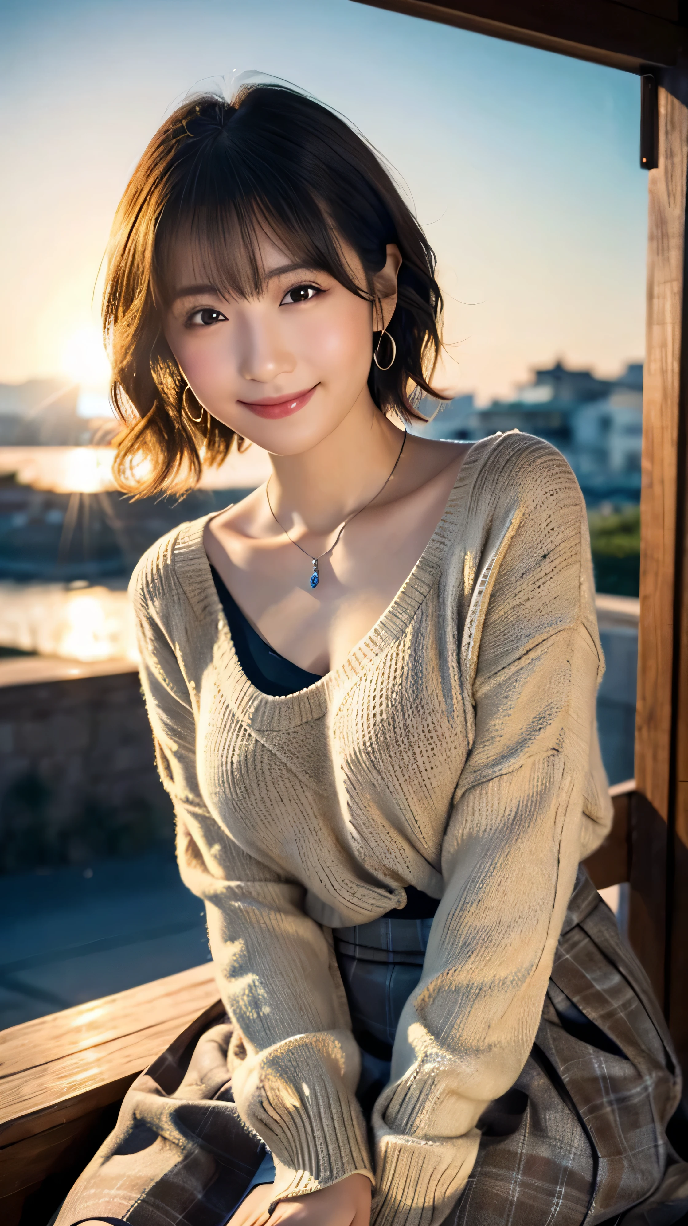 (highest quality,masterpiece:1.3,ultra high resolution),(Super detailed,caustics,8K),(realistic:1.4,RAW shooting),18-year-old,cute,Japanese,Short brown hair with outward curls,(Beige summer knitwear),(smile),look up at the camera、(Short brown skirt),blue sky,sun,Backlight,(coastline),(sunset、sunset:1.1),,(Photographed from the waist up),(face focus),(close up face),(High Situation:1.3),(high angle:1.3),Natural light 、Embarrassed smile、parted bangs、big breasts、With small earrings、silver necklace、((big breasts))、Embarrassed smile、((Camera angle is diagonal:1.2))、Today I came to the port town.、