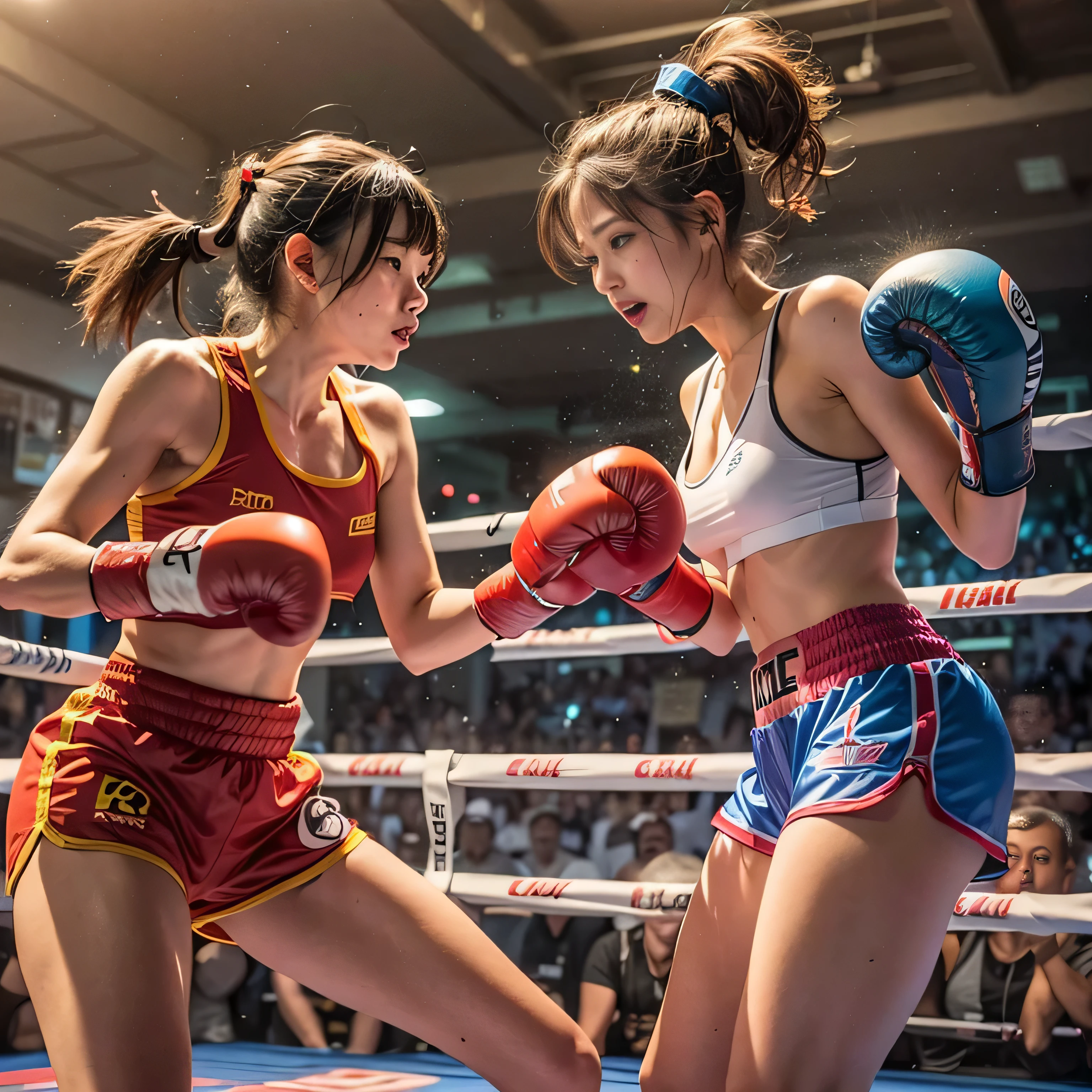 RAW image quality, 8K resolution, Ultra-detailed CG quality, (High resolution, highest quality, table top:1.4), 2 girls, (16 year old female :1.3), sparkling skin, narrow waist, Large chest teeth above the skin, (A woman wearing a sports bra and boxing shorts:1.3), boxing gloves, boxing match, (A powerful punch cuts the face)、fist fight、short shorts, sweat a lot, (in the boxing ring:1.2), (Her panties are visible under her shorts:1.2), tight clothes, pubic hair, angry look, blush, Large audience background,