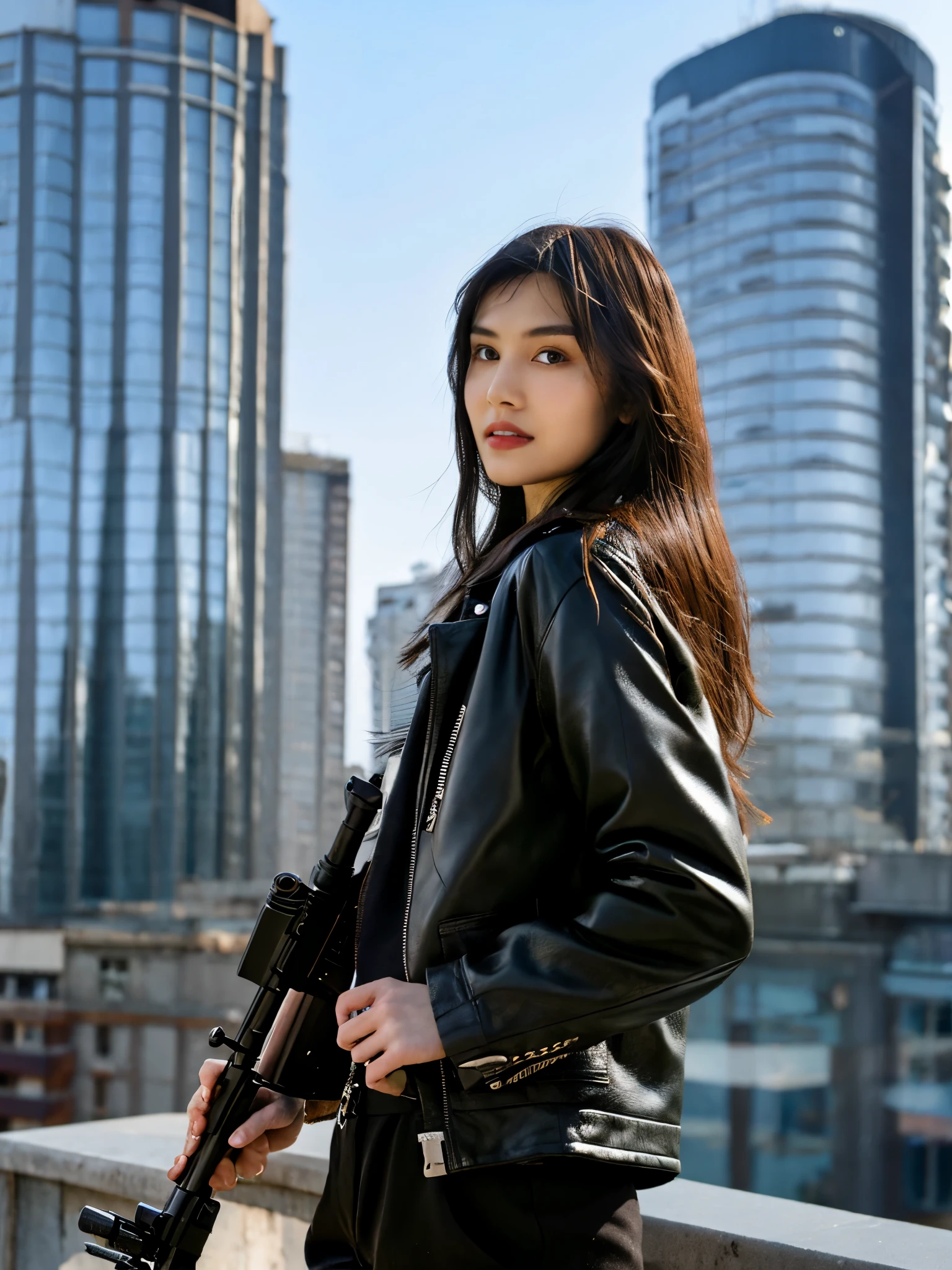 an asian beautiful girl, wearing a black leather jacket, army blue trousers, long hair, holding a long red laser rifle, standing on the top of a building stalking her enemy,inspired by Adam Dario Keel, maxim sukharev, attractive and beautiful, Inspired by Ludovit Fula, full body photo shot, maxim shirkov, full body photo shot - full , azimov, Sebastian Luca, profile photo, beautiful woman, attractive beautiful face, Photo of beautiful young girl, beautiful girl face