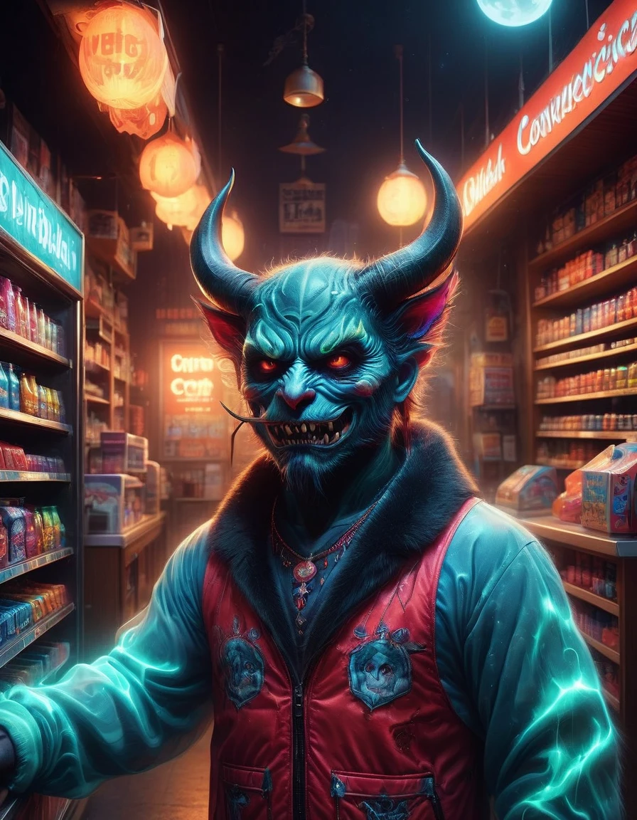 (1Cute Devil Clerk), (Spooky midnight convenience store:1.6), Arrange the goods, Thick fog pervades, Neon lights, Detailed convenience store interior, Mood lighting, Gloomy tones, dramatic shadows, Demon traits, Long claws, fangs, glowing eyes, shabby clothes, Stand behind the counter, dark fantasy, fear, (master level:1.2), Super details, Realistic, (Photorealism:1.3), first-person view, UHD, masterpiece, ccurate, anatomically correct, super detail, best quality, 8k