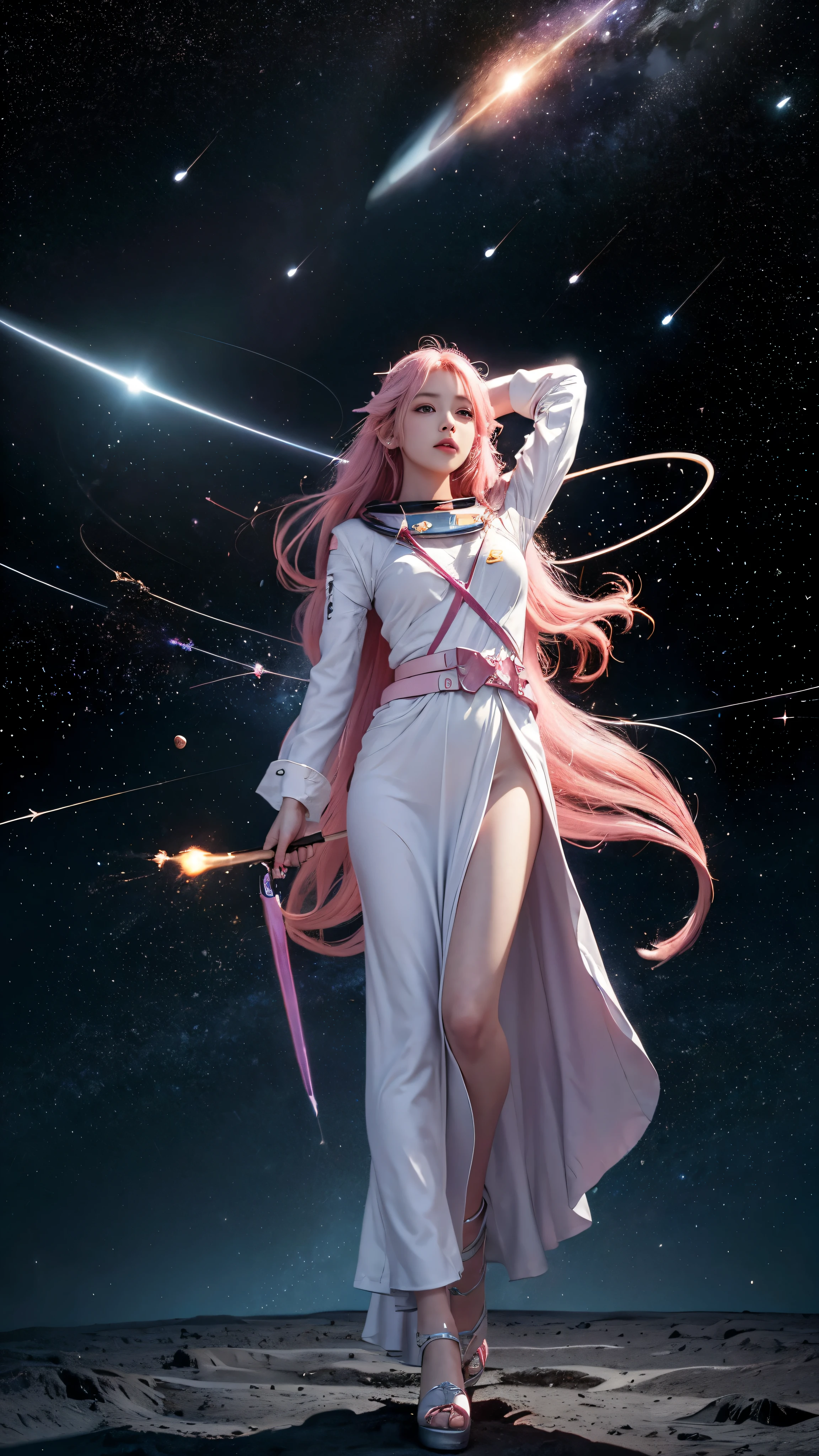 1girl、A pink-haired star mage named Maria Chiquinha、(expansion:1.3)、(Space comets:1.5)、Looking up at the night sky with deep concentration、Long flowing robes、Intricately designed star emblem、cane in hand、A magical aura of starlight surrounds her、highest quality、masterpiece、Sparkling Space Comets、swirling galaxy、Bright constellations、High resolution vivid illustrations、 realistic details、Long hair motion blur effect、HDR Effects、Ultra-detailed features。