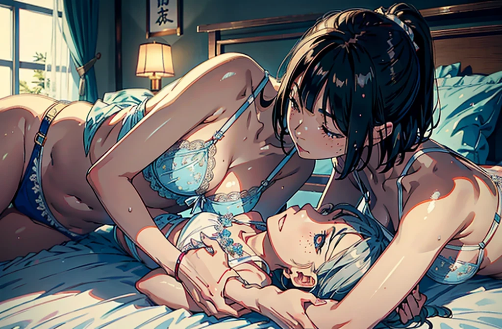 A glittering love hotel,On a decorated bed,A Japanese woman in white underwear lies on top of someone, Lying Japanese woman with bob cut, Two Japanese women in their 20s hugging each other, wicked smile, Japanese woman looking away, random pose,Japanese women 2 people,Real young gravure idol, Young and beautiful gravure idol, Chiho, 8K)), 若いsensualグラビアアイドル, Wet, shiny skin!!, shiny silver, Mole under the left eye,Cute freckles on the cheeks,((beautiful skin)),((skin texture)),((Real Touch)), healthy,ruddy skin, beautiful clavicle, Tie your hair with a rubber band,ponytail, ((Embellished Detail Bra,sensual)),