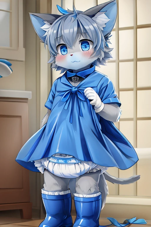 boy, furry, grey cat ears, animal ear fluff, bodyfur, grey cat tail, blue spade budge, blue neckerchief, blue salior collar, blue cloak, light blue polo shirt, short sleeves, blue skirt, diaper, blue rubber gloves, blue wellington boots