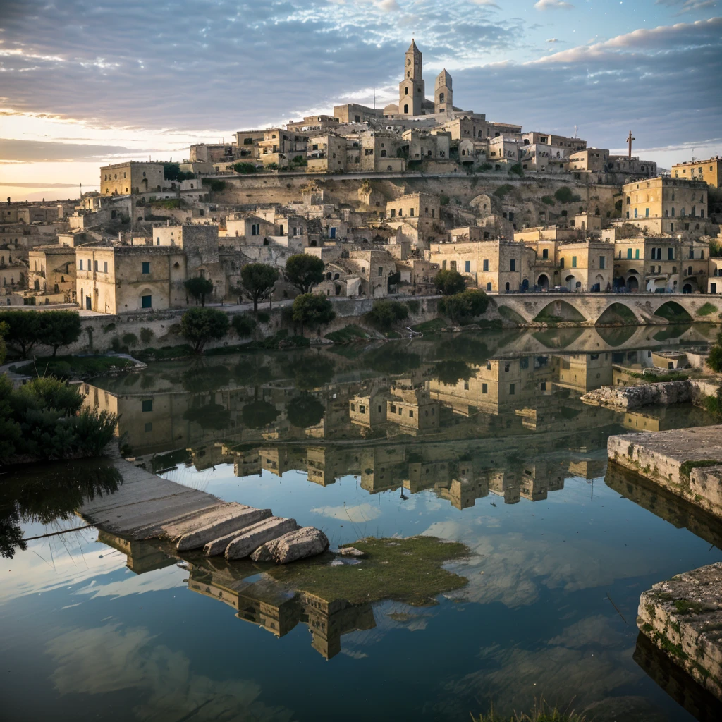 a giant eye emerges from the waters of a lake in town of Matera, (sassi_di_matera). reflection in the water is a real sight. The eye emerges from the waters during a starry night, high quality, realistic lighting, center of the picture, (a giant eye is reflected on the water), clear and quiet water surface, starry sky, sassi_di_matera in background, (the eye is perfectly reflected on the water), (perfect reflections)