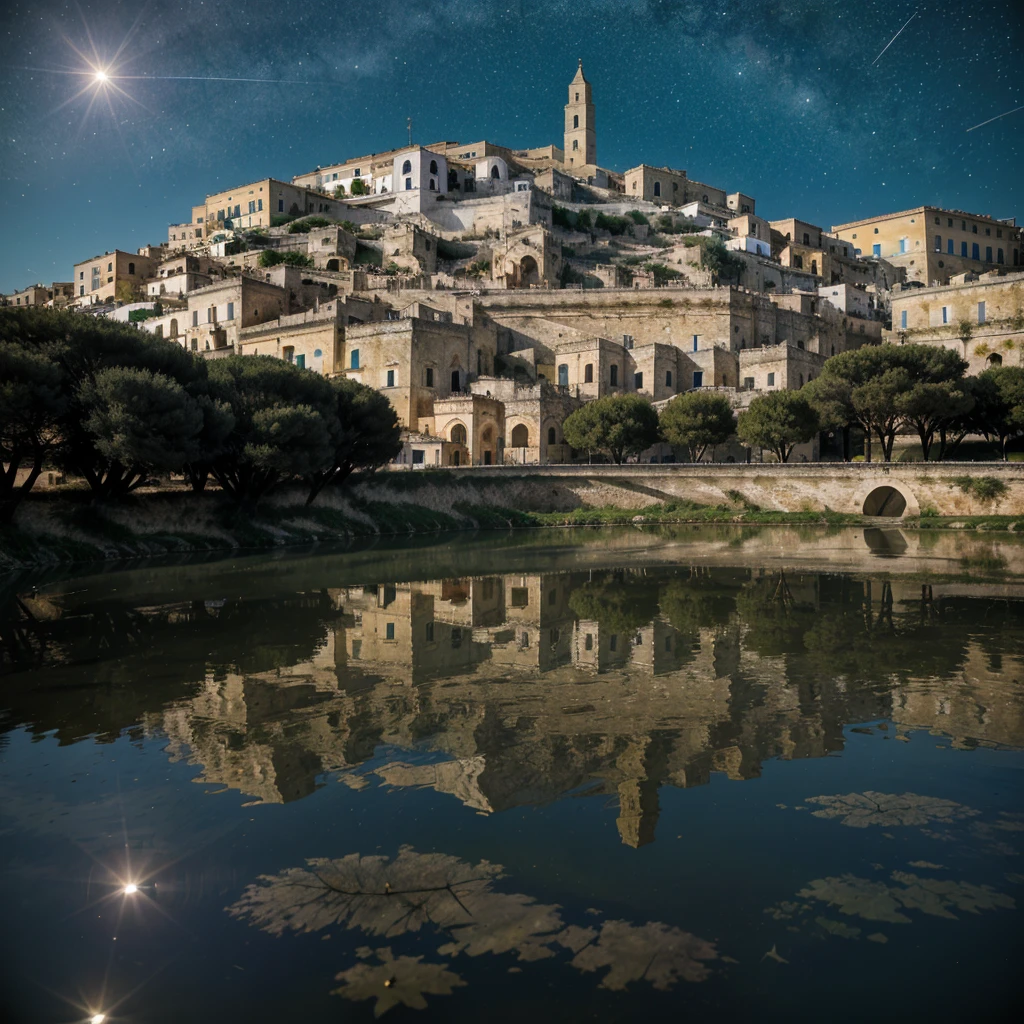 a giant eye emerges from the waters of a lake in town of Matera, (sassi_di_matera). reflection in the water is a real sight. The eye emerges from the waters during a starry night, high quality, realistic lighting, center of the picture, (a giant eye is reflected on the water), clear and quiet water surface, starry sky, sassi_di_matera in background, (the eye is perfectly reflected on the water), (perfect reflections)