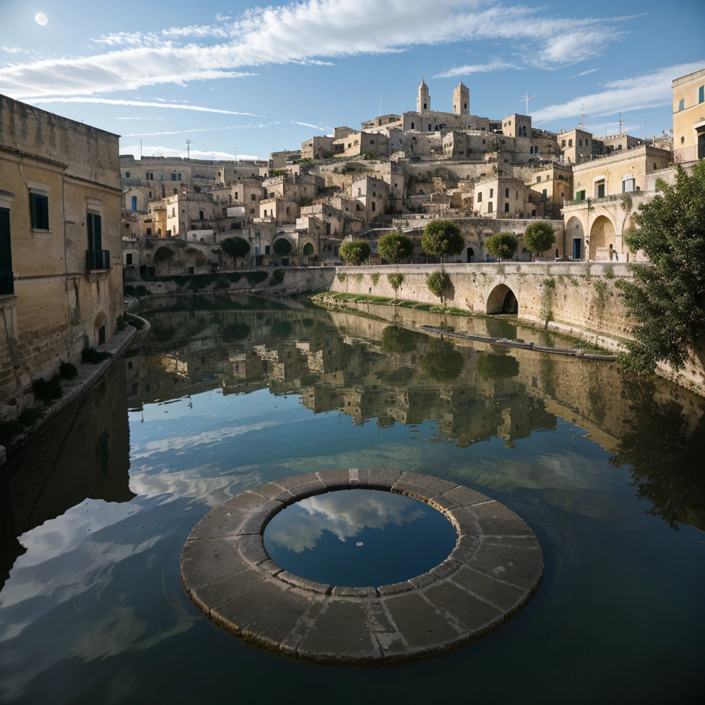 a giant eye emerges from the waters of a lake in town of Matera, (sassi_di_matera). reflection in the water is a real sight. The eye emerges from the waters during a starry night, high quality, realistic lighting, center of the picture, (a giant eye is reflected on the water), clear and quiet water surface, starry sky, sassi_di_matera in background, (the eye is perfectly reflected on the water), (perfect reflections)