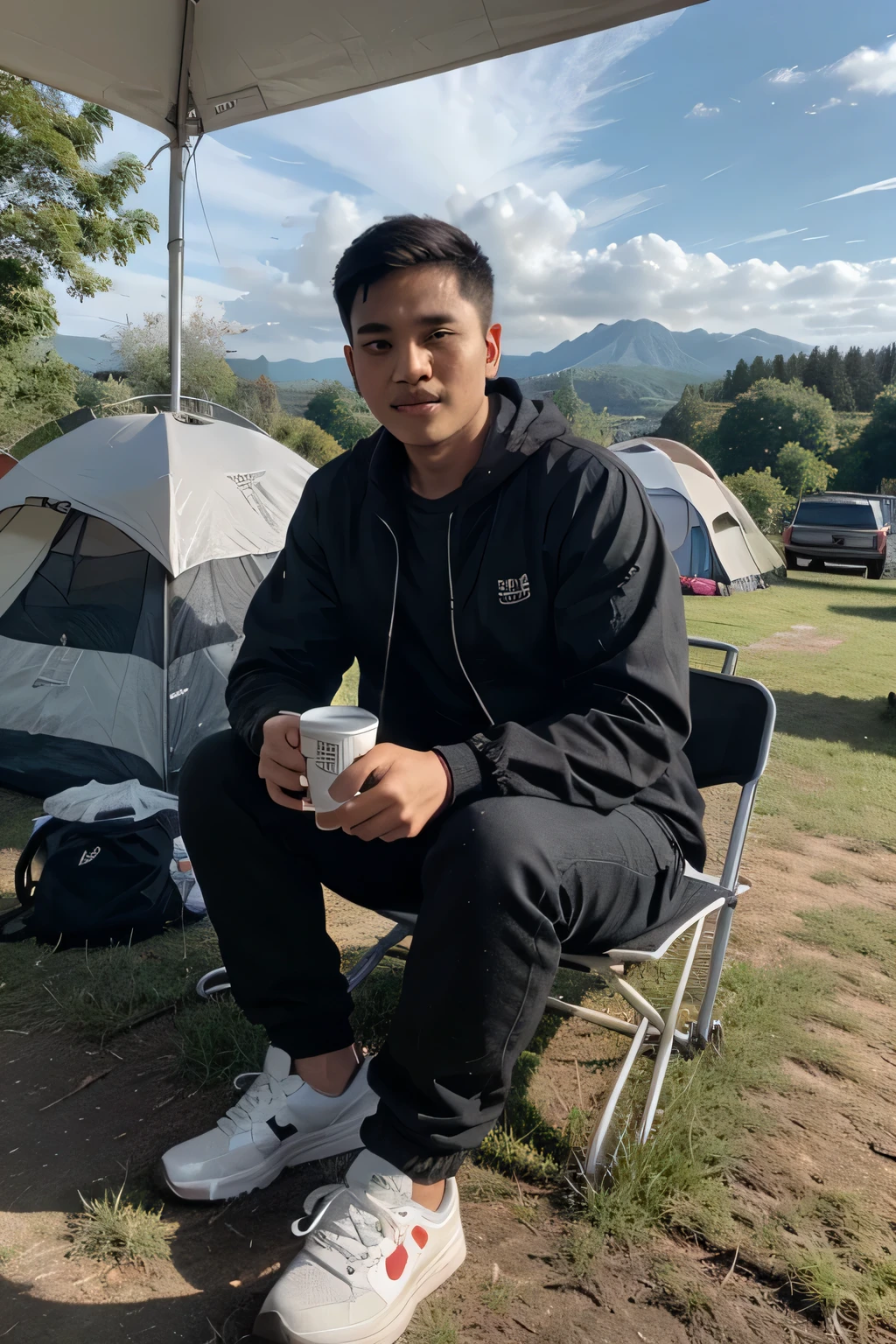 This young man indonesian wearing a jacket has a clean face, wearing a black trucker jacket, black pants and white shoes. Sit on a portable folding chair in front of the tent. Next to him was a cup of hot coffee and a thermos of hot water placed on a portable folding table. It is located on the banks of the American River and the surrounding grass is very green and fresh, with a backdrop of high forested mountains in. White clouds in the sky, minimal light. 4K