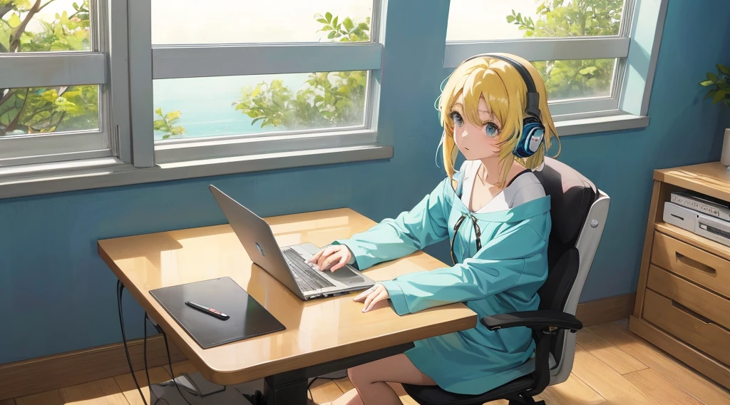 anime girl with headphones sitting at a desk with a laptop, elogio girl, elogio artstyle, elogio art, al estilo de Rrhar'il, elogio, estilo en el anime ghibli style, elogio colors, elogio feel, estilo en el anime ghibli, chica anime de pelo blanco, con aura musical