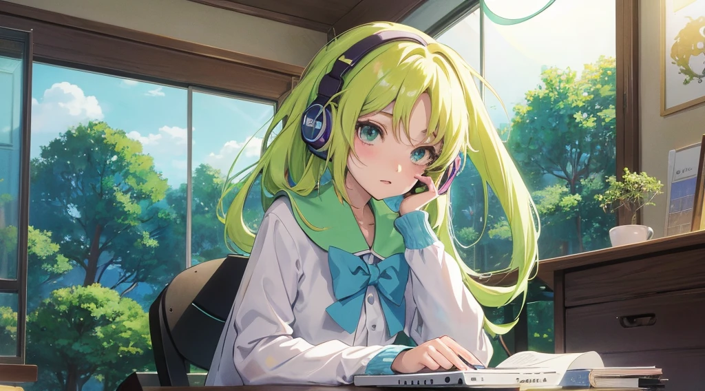 anime girl with headphones sitting at a desk with a laptop, elogio girl, elogio artstyle, elogio art, al estilo de Rrhar'il, elogio, estilo en el anime ghibli style, elogio colors, elogio feel, estilo en el anime ghibli, chica anime de pelo blanco, con aura musical