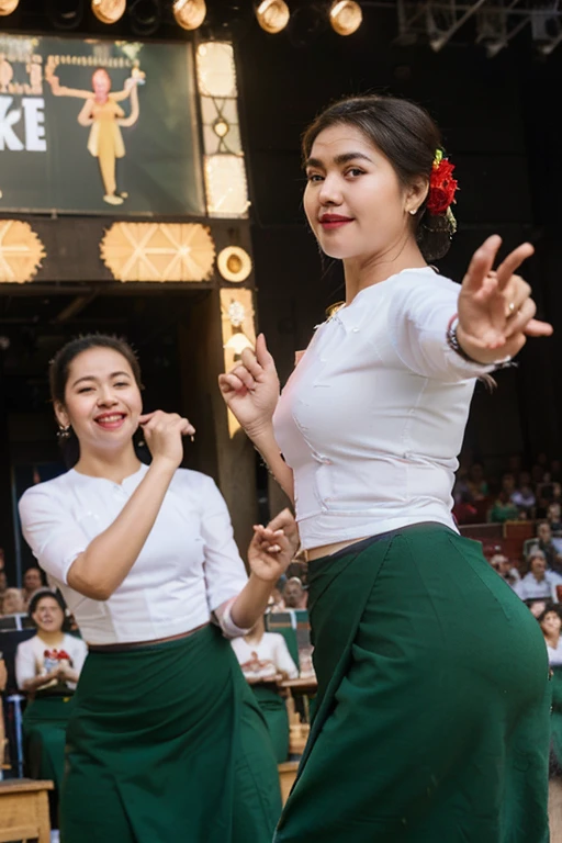 3 school teachers performing at school assembly festival,beautiful detailed faces,traditional costumes,joyful expressions,traditional dance,musical instruments on stage,dynamic movements,traditional decorations,bright colors,exquisite hand gestures,lively atmosphere,best quality, highres,ultra-detailed, realistic,photorealistic, vibrant colors,soft lighting.