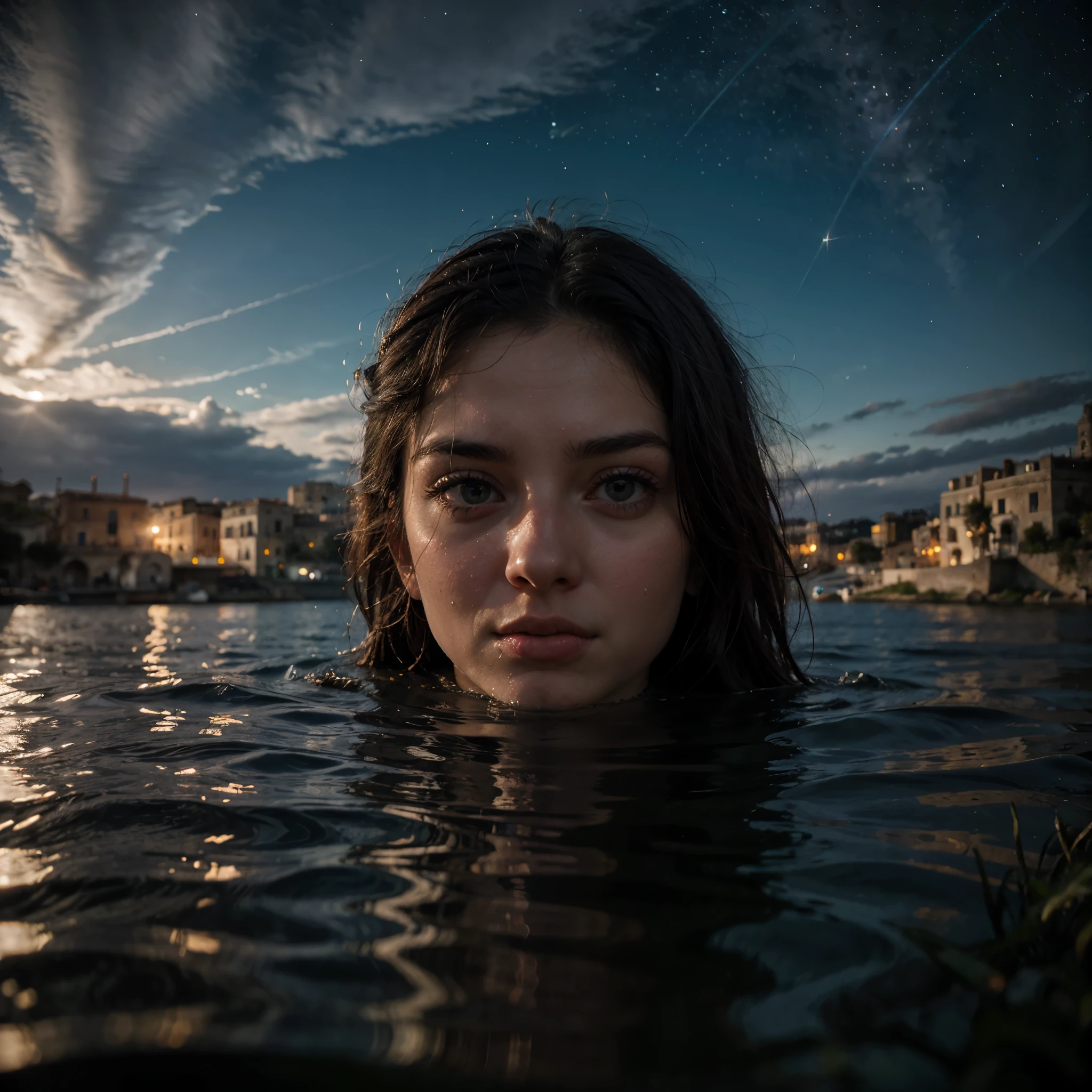 a giant eye emerges from the waters of a lake in town of Matera, (sassi_di_matera). reflection in the water is a real sight. The eye emerges from the waters during a starry night, high quality, realistic lighting, center of the picture, (a giant eye is reflected on the water), clear and quiet water surface, starry sky, sassi_di_matera in background, (the eye is perfectly reflected on the water), (perfect reflections)